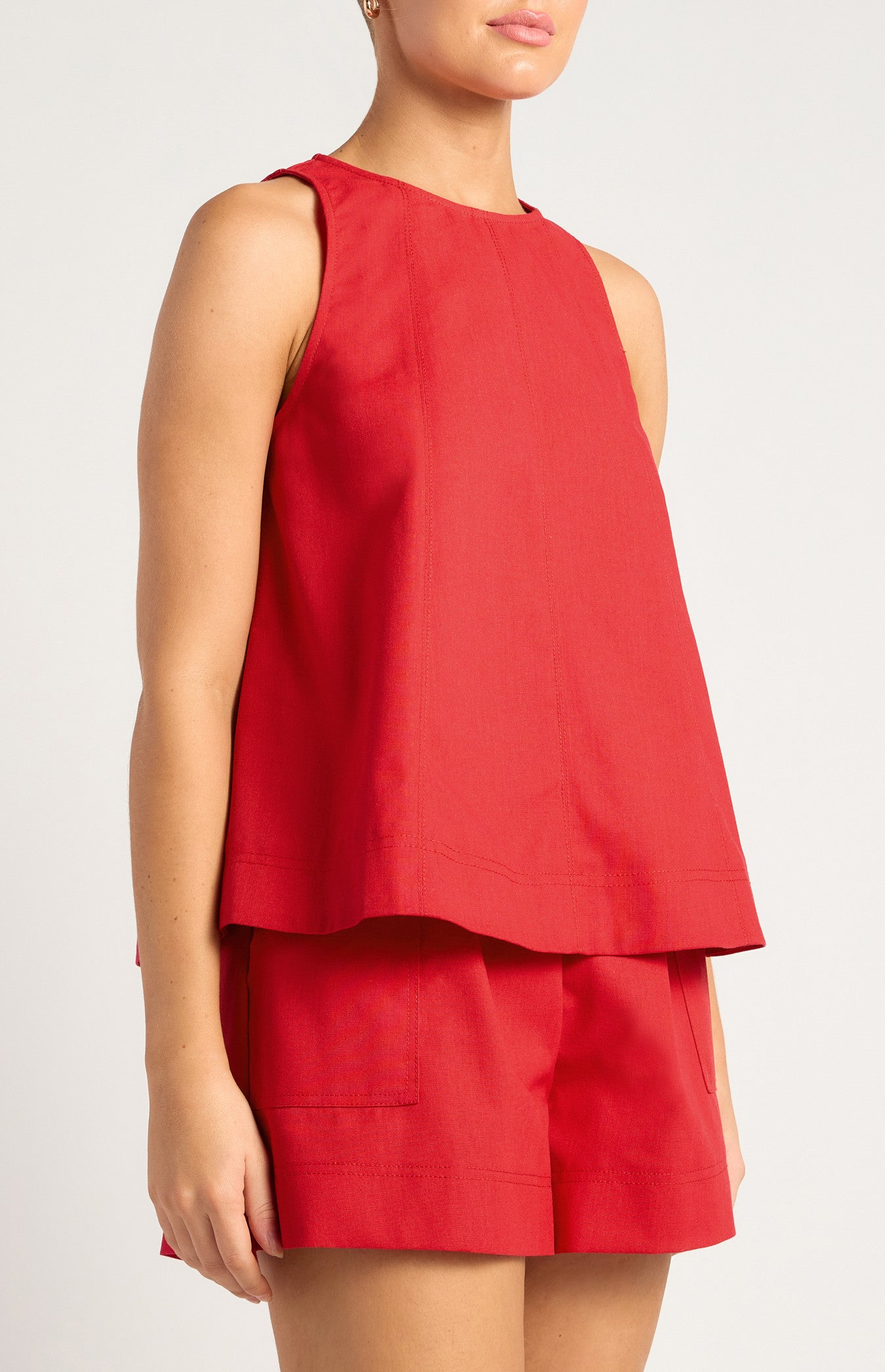 Cotton Linen Panel Stitching Detail Top And Shorts Set