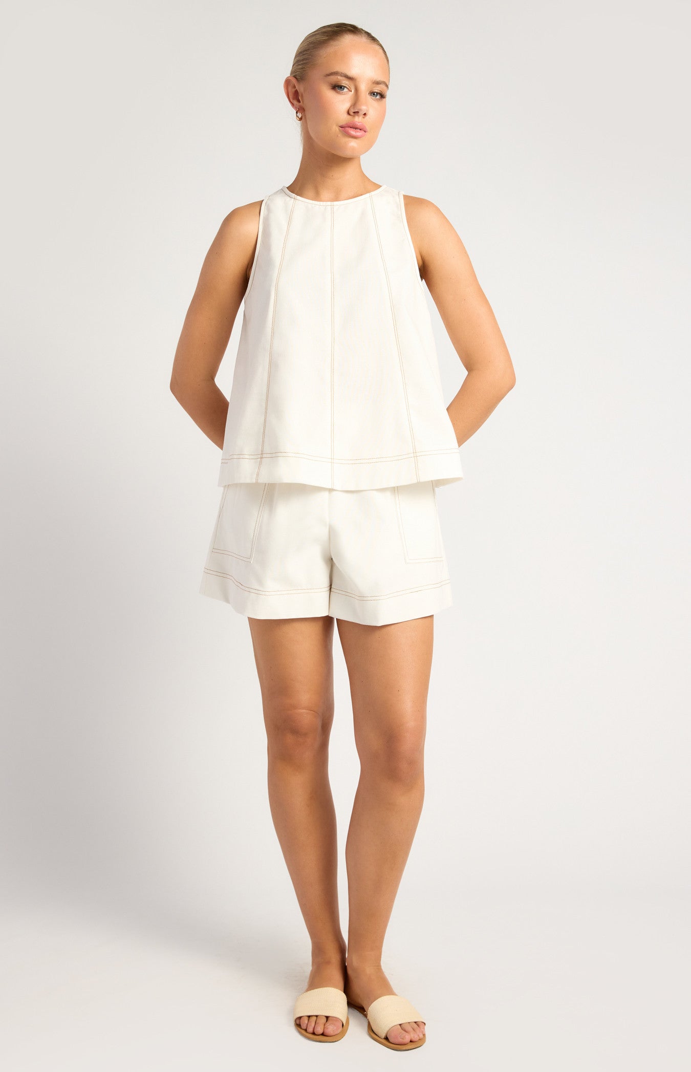 Cotton Linen Panel Stitching Detail Top And Shorts Set