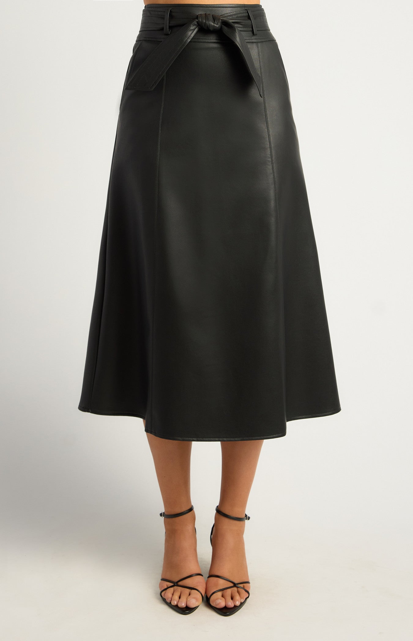 A Line Faux Leather Midi Skirt with Top Stitch Belt Detail