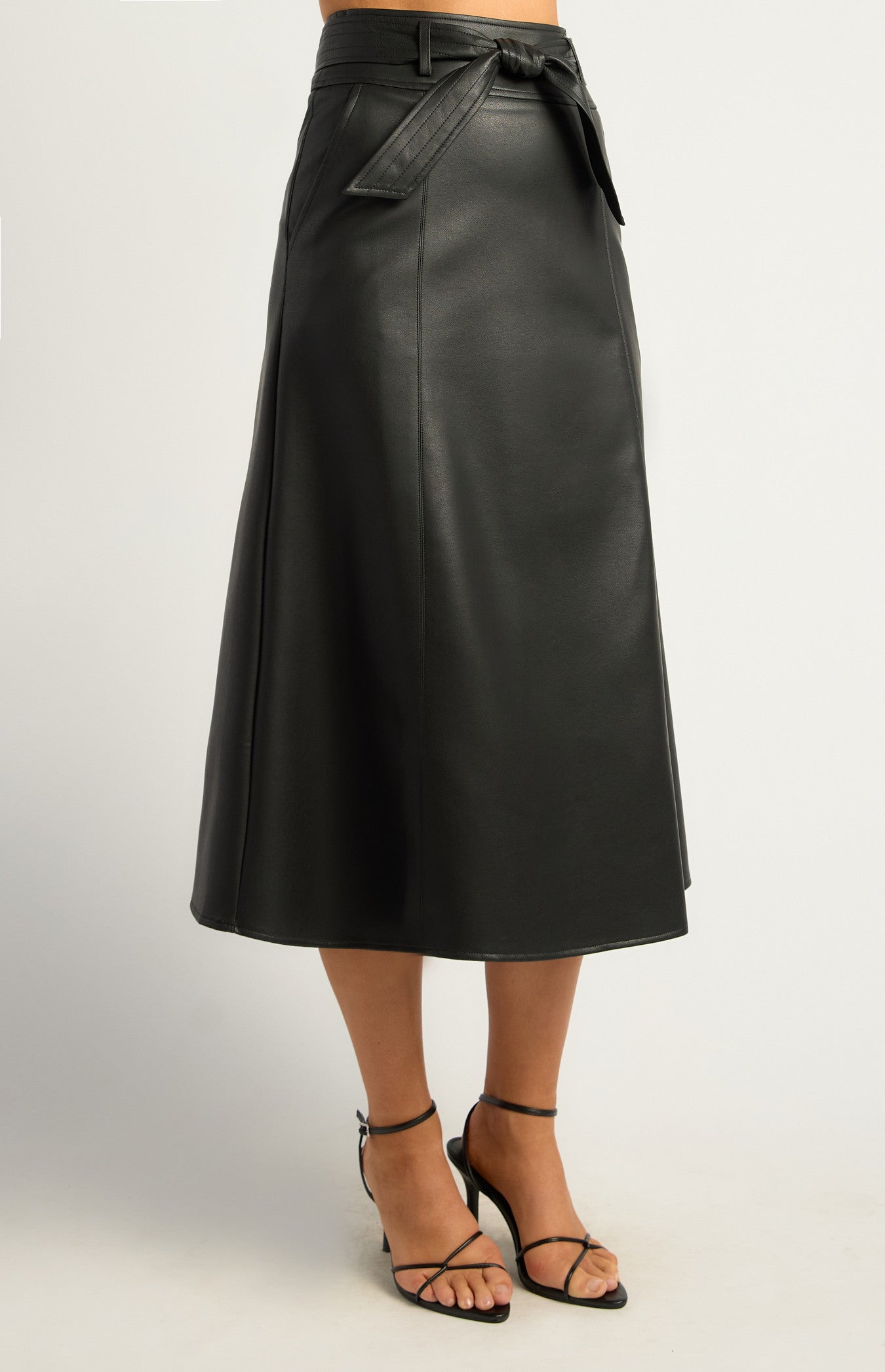 A Line Faux Leather Midi Skirt with Top Stitch Belt Detail