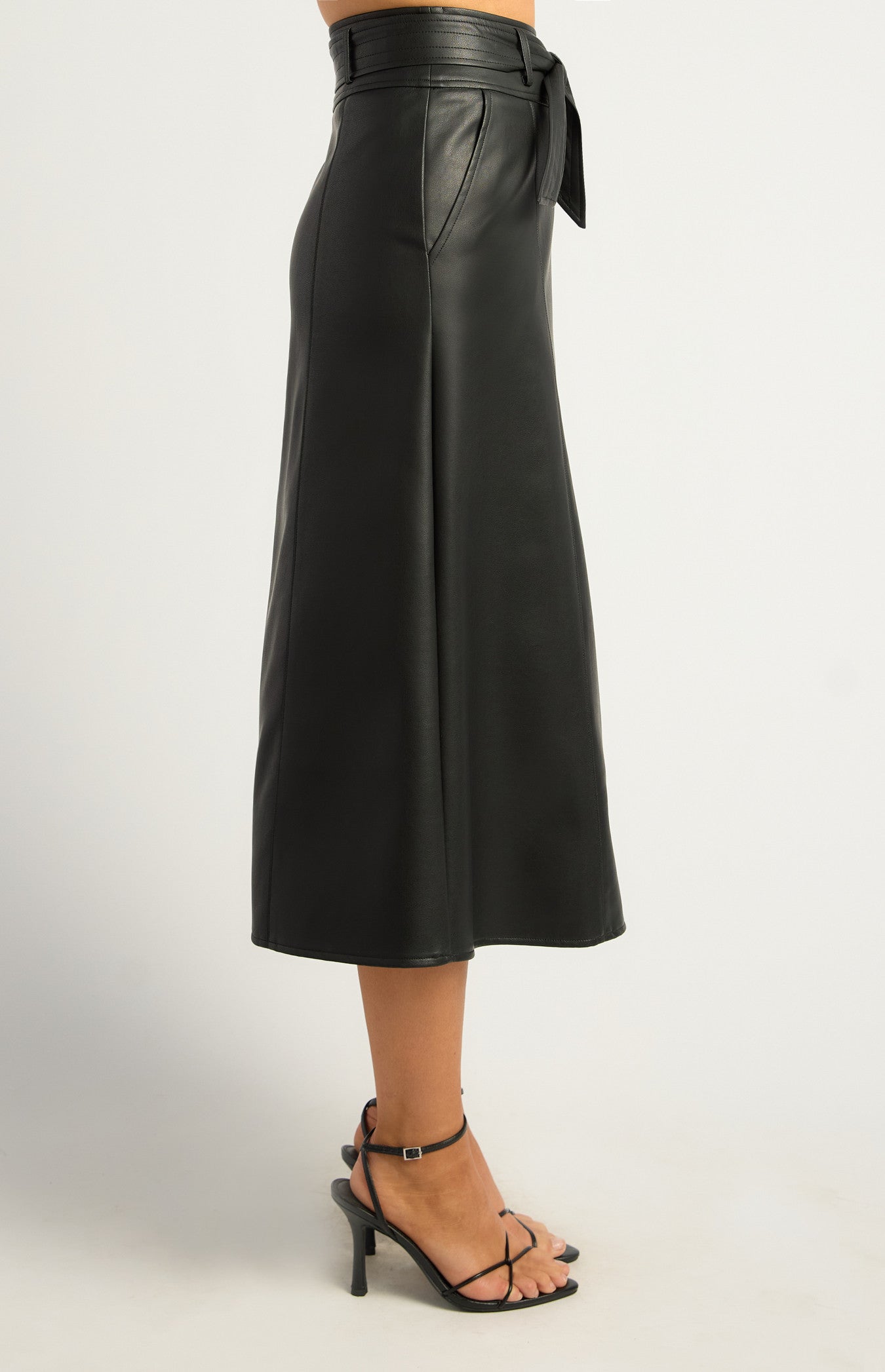 A Line Faux Leather Midi Skirt with Top Stitch Belt Detail