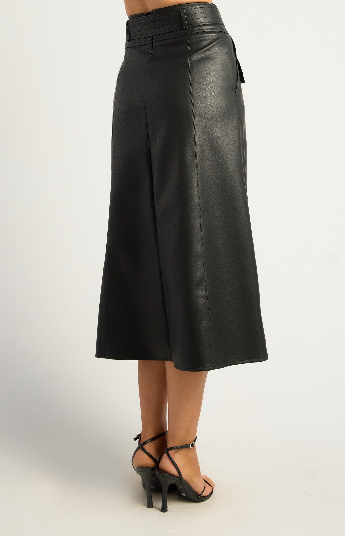 A Line Faux Leather Midi Skirt with Top Stitch Belt Detail