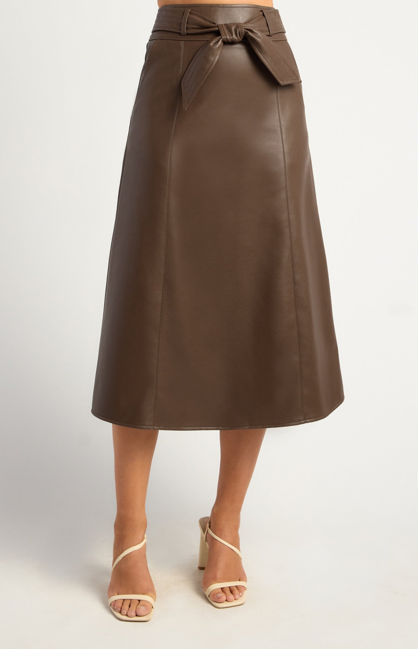 A Line Faux Leather Midi Skirt with Top Stitch Belt Detail