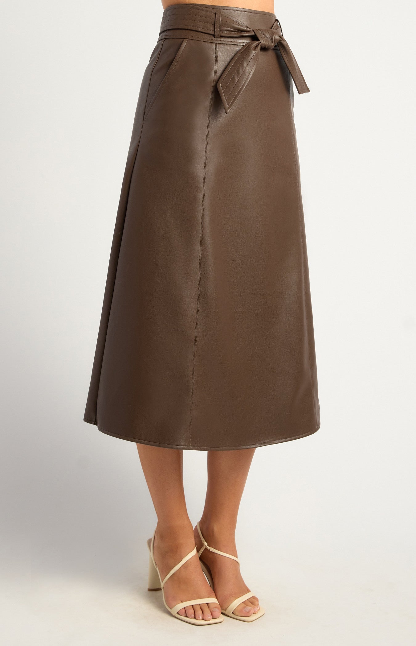 A Line Faux Leather Midi Skirt with Top Stitch Belt Detail