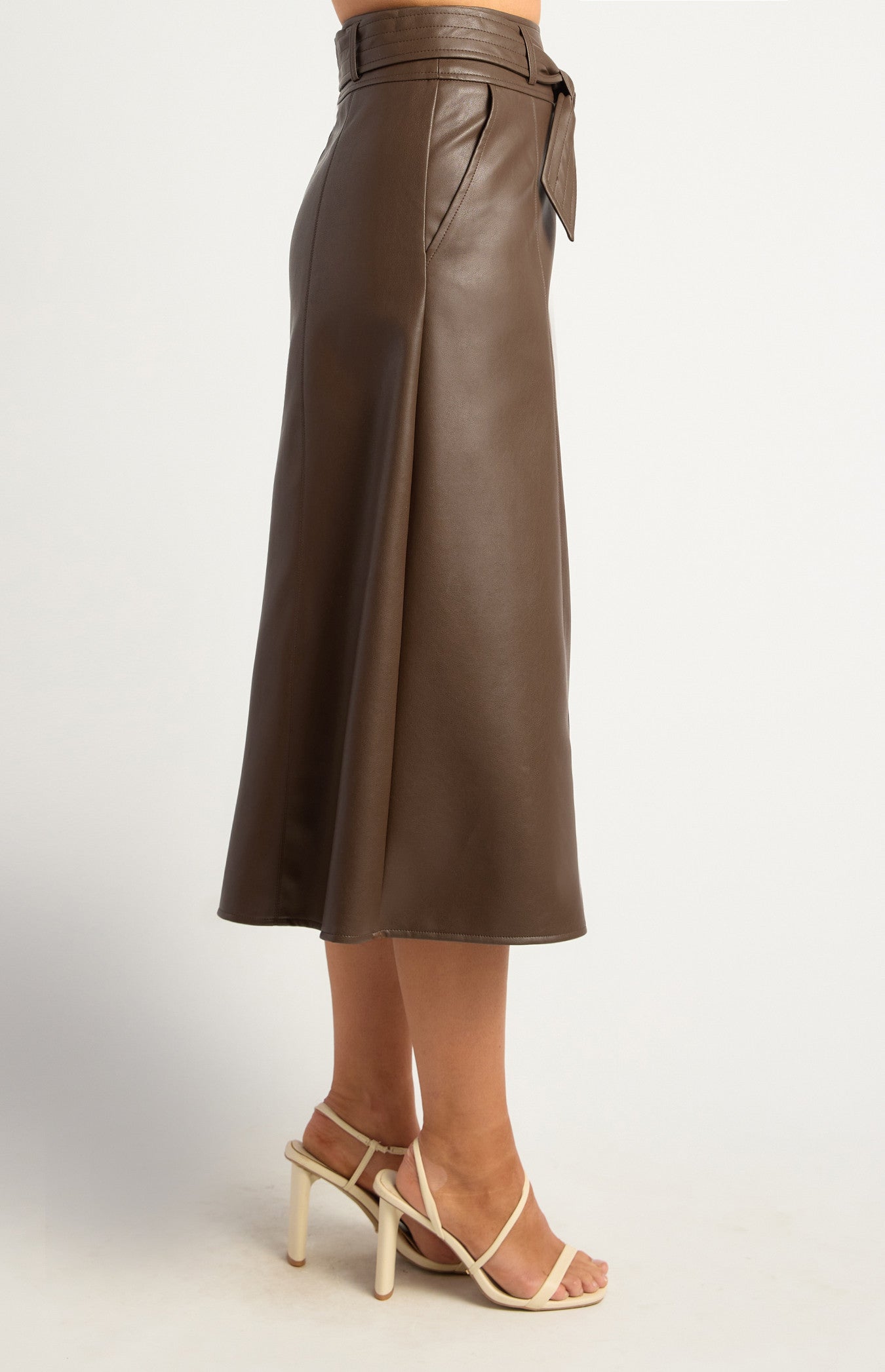 A Line Faux Leather Midi Skirt with Top Stitch Belt Detail