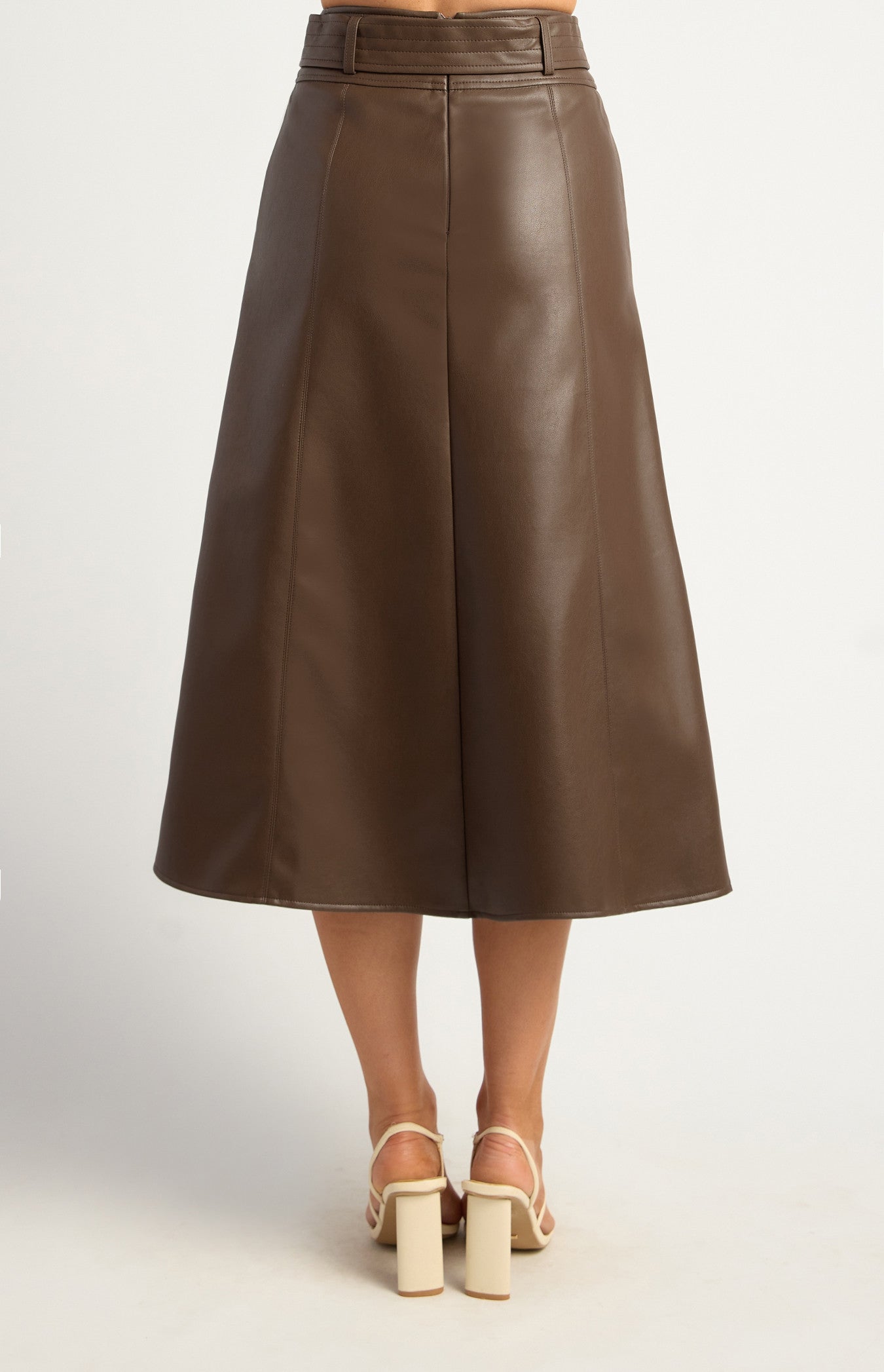 A Line Faux Leather Midi Skirt with Top Stitch Belt Detail