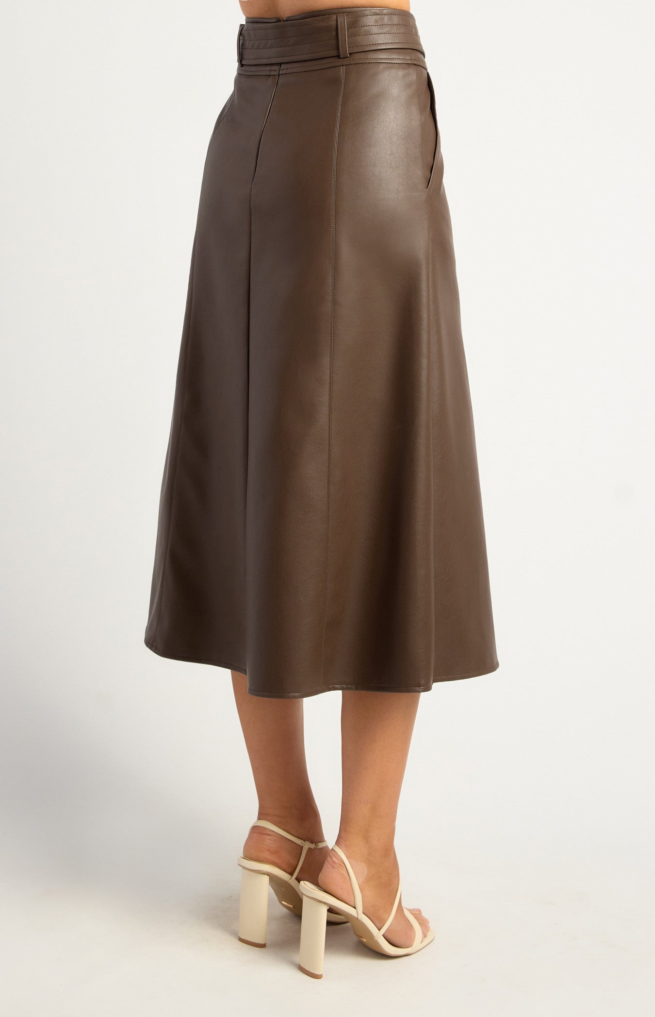 A Line Faux Leather Midi Skirt with Top Stitch Belt Detail