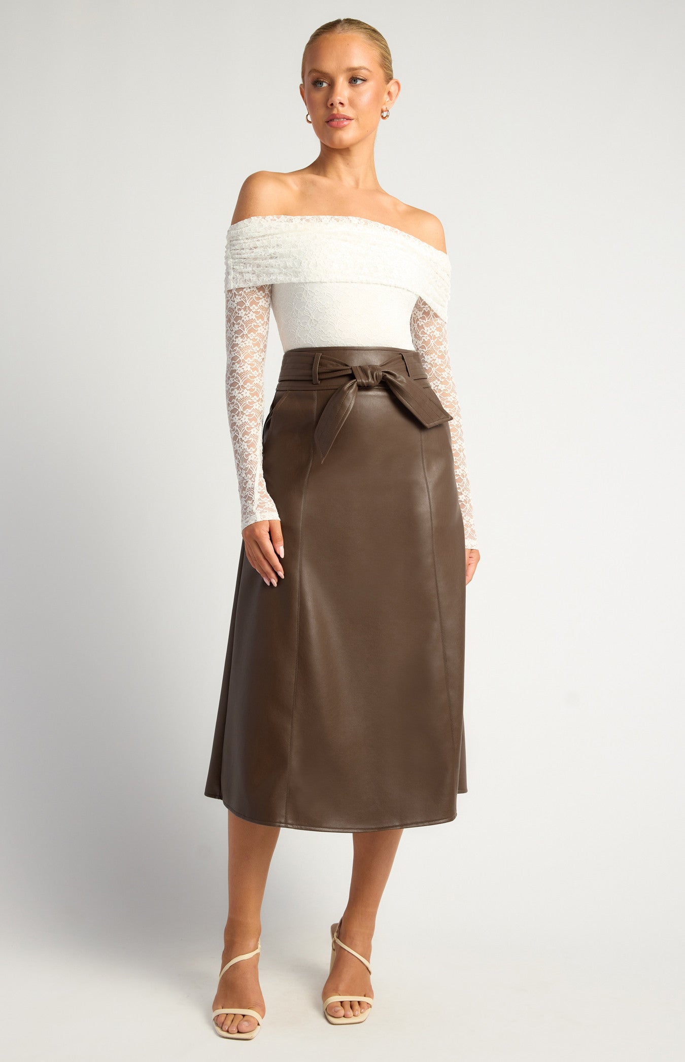 A Line Faux Leather Midi Skirt with Top Stitch Belt Detail
