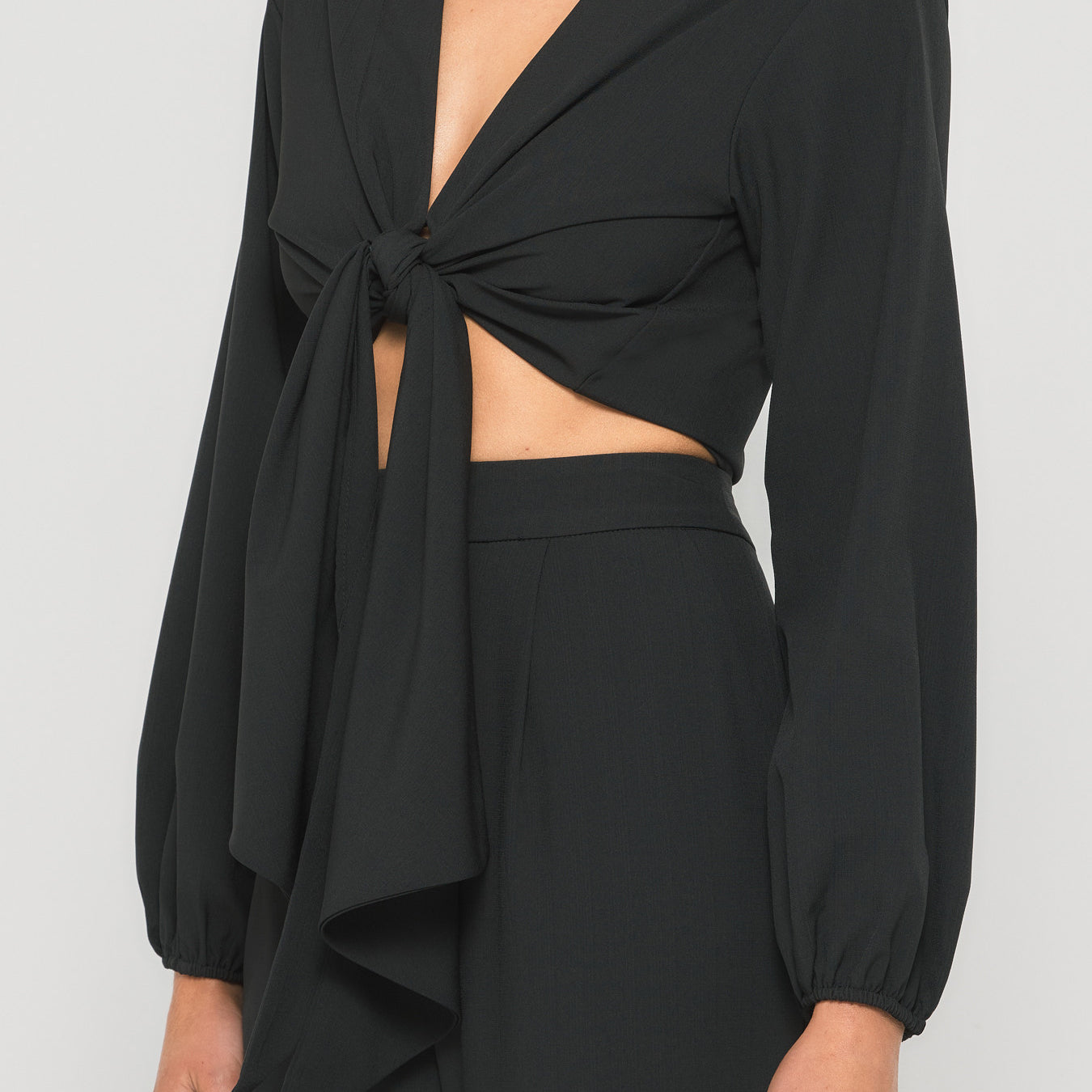 Textured Front Tie Bubble Sleeve Top