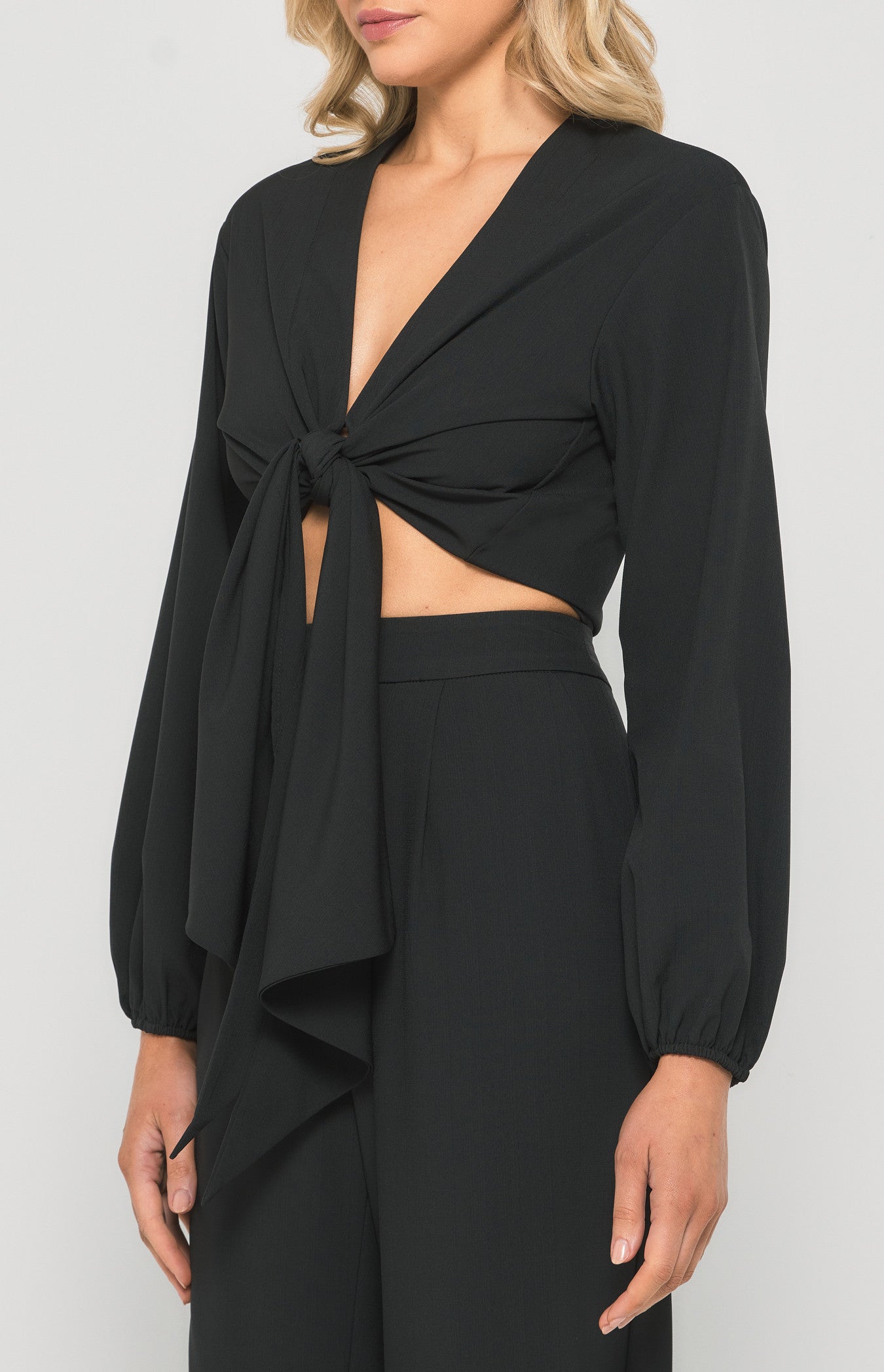 Textured Front Tie Bubble Sleeve Top