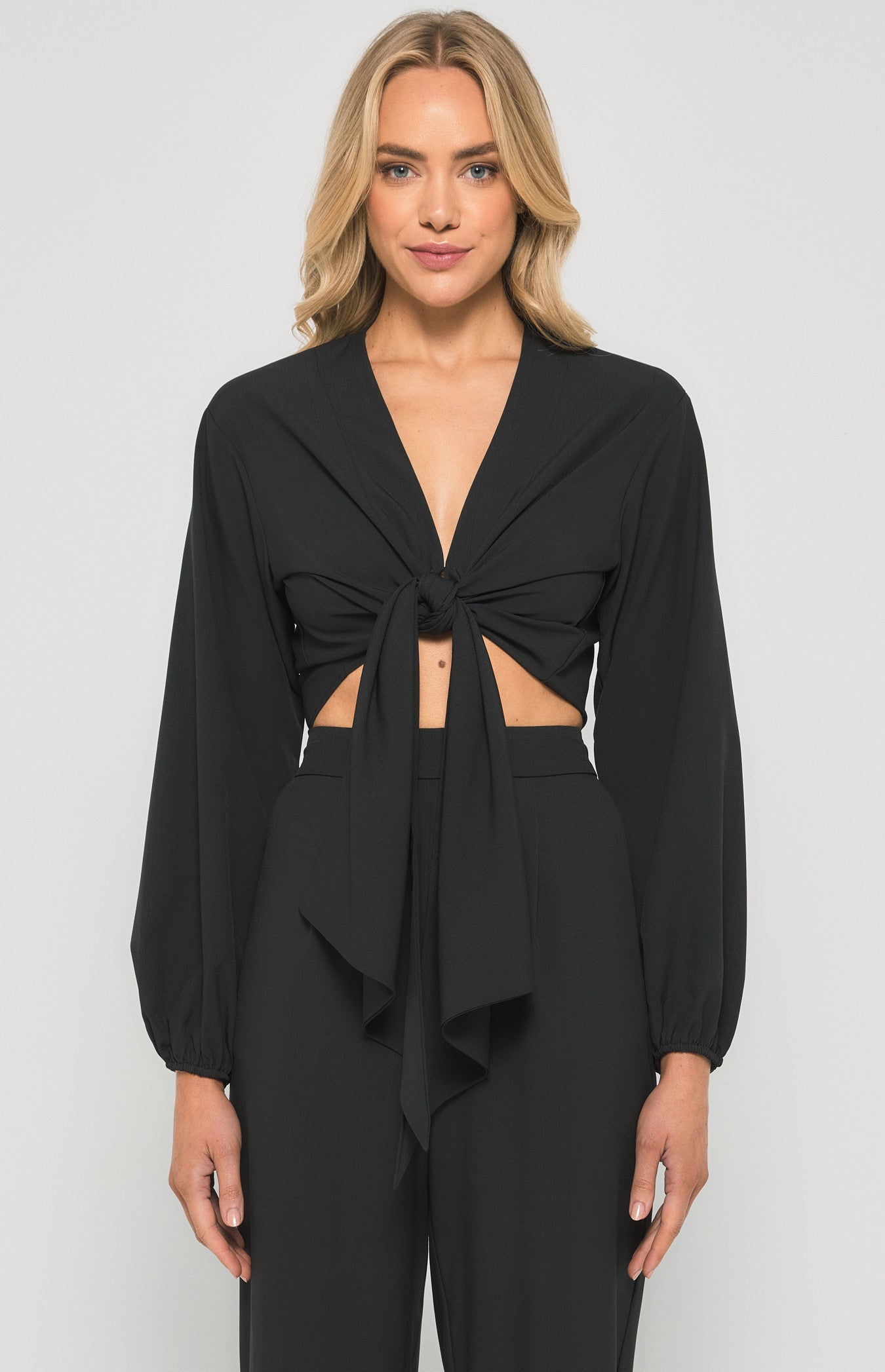 Textured Front Tie Bubble Sleeve Top