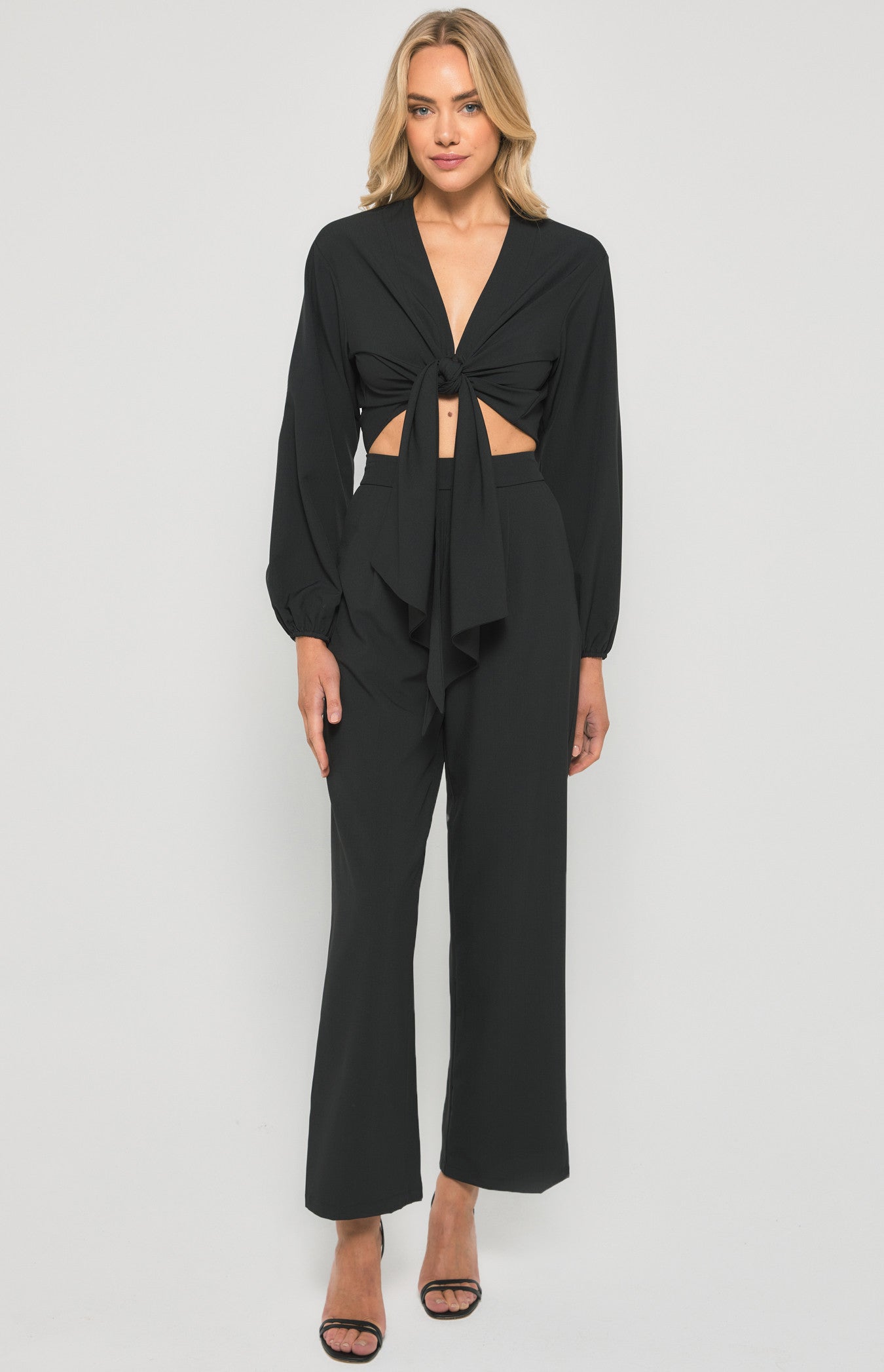 Textured Front Tie Bubble Sleeve Top