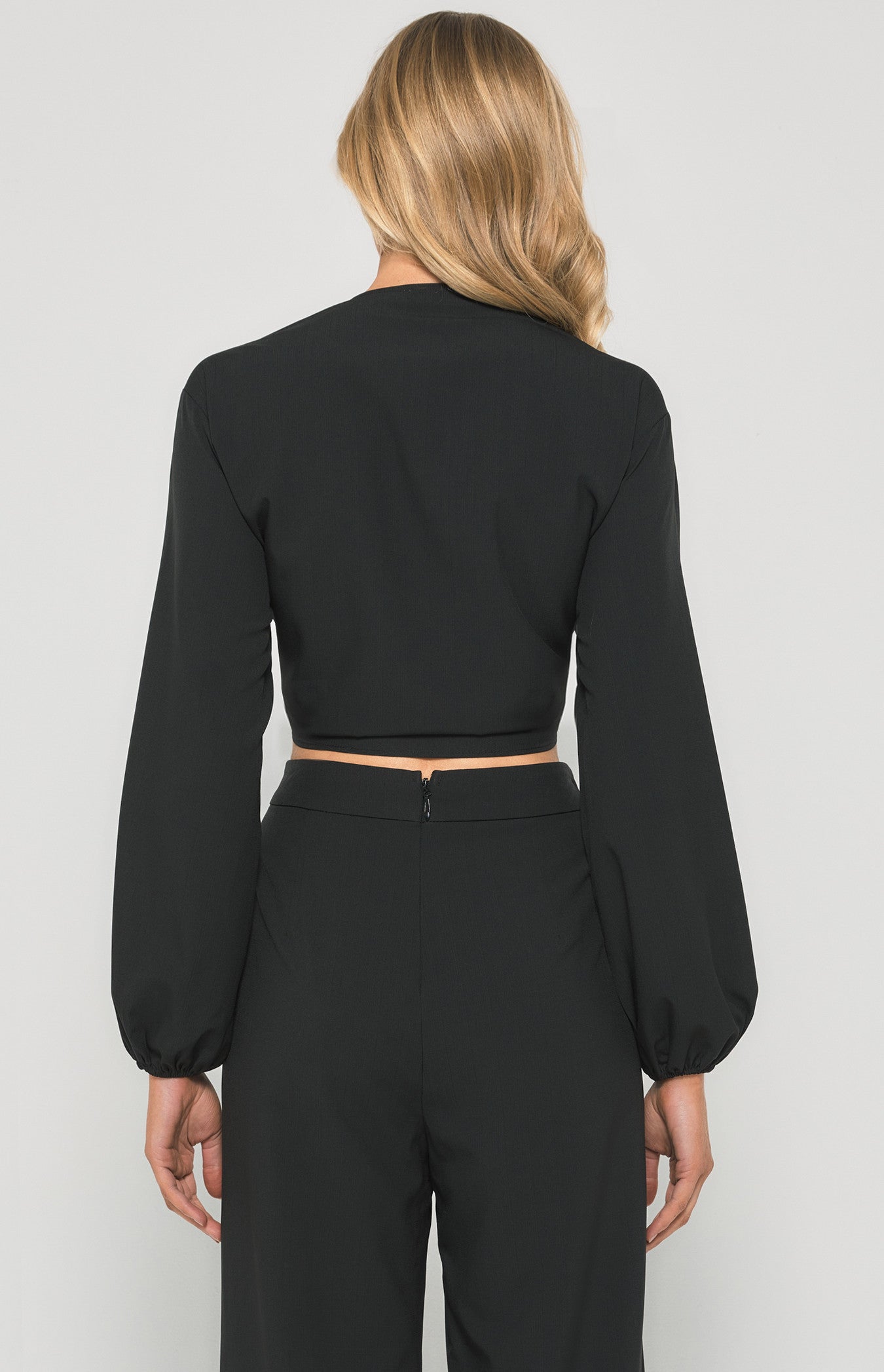 Textured Front Tie Bubble Sleeve Top