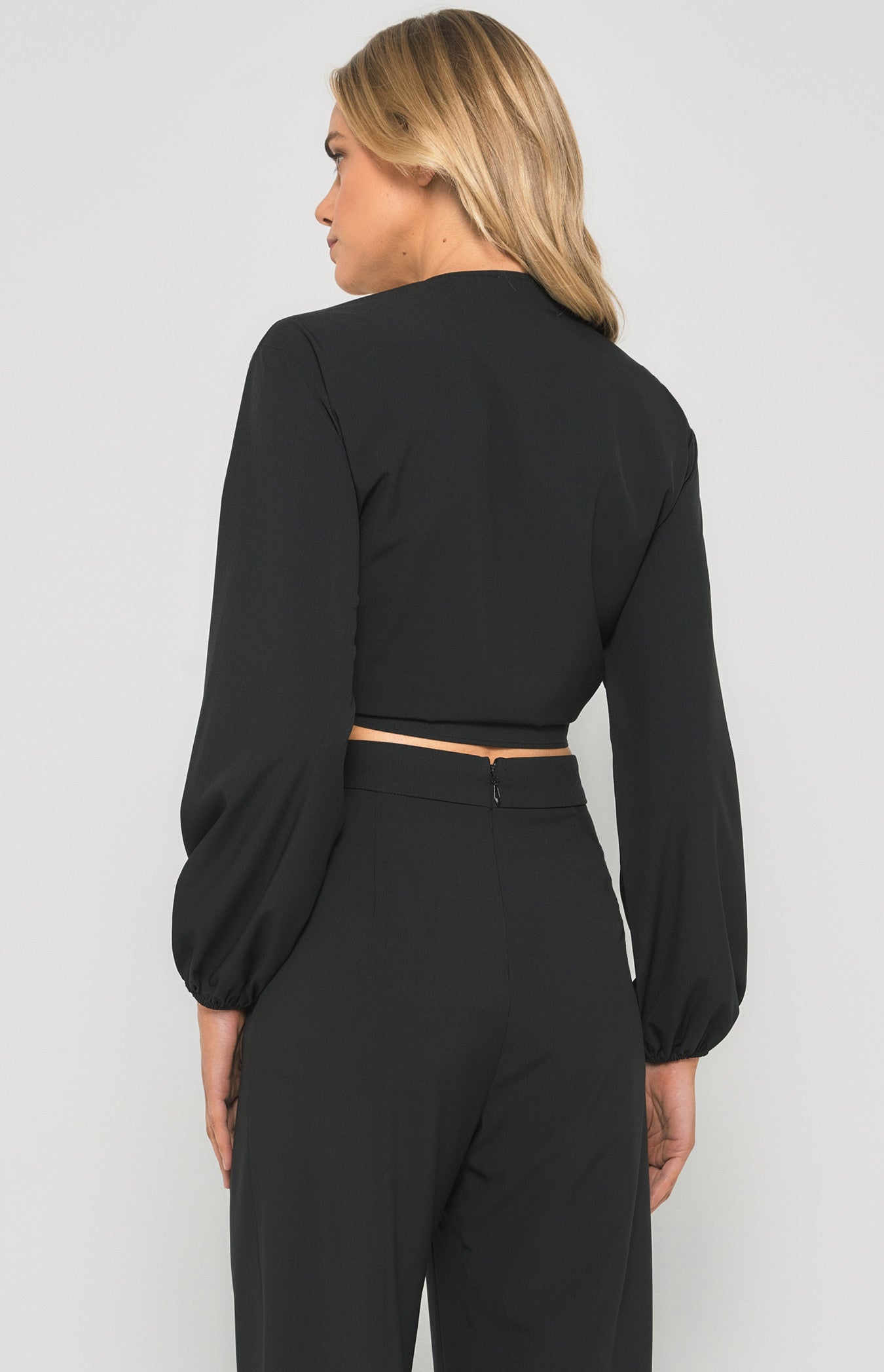 Textured Front Tie Bubble Sleeve Top