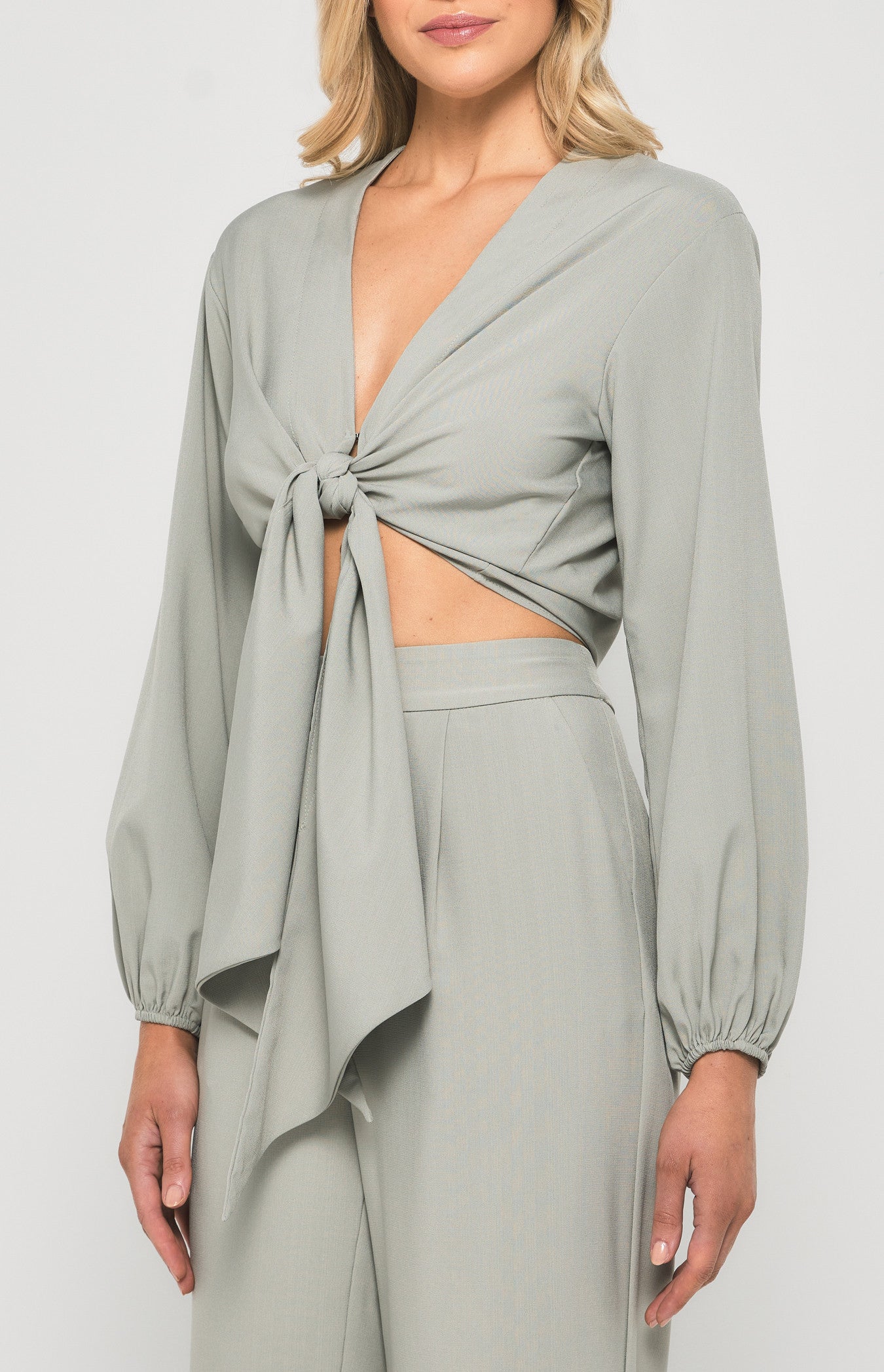 Textured Front Tie Bubble Sleeve Top