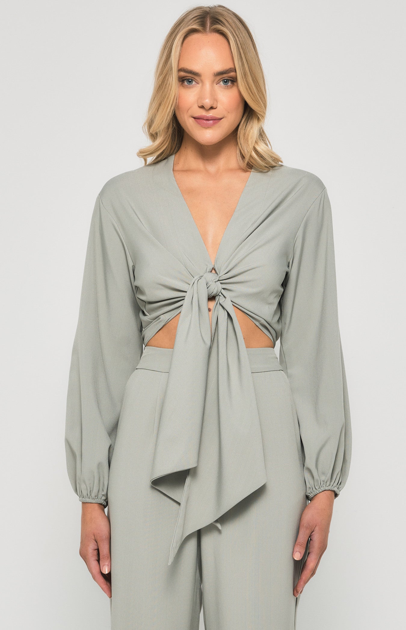 Textured Front Tie Bubble Sleeve Top