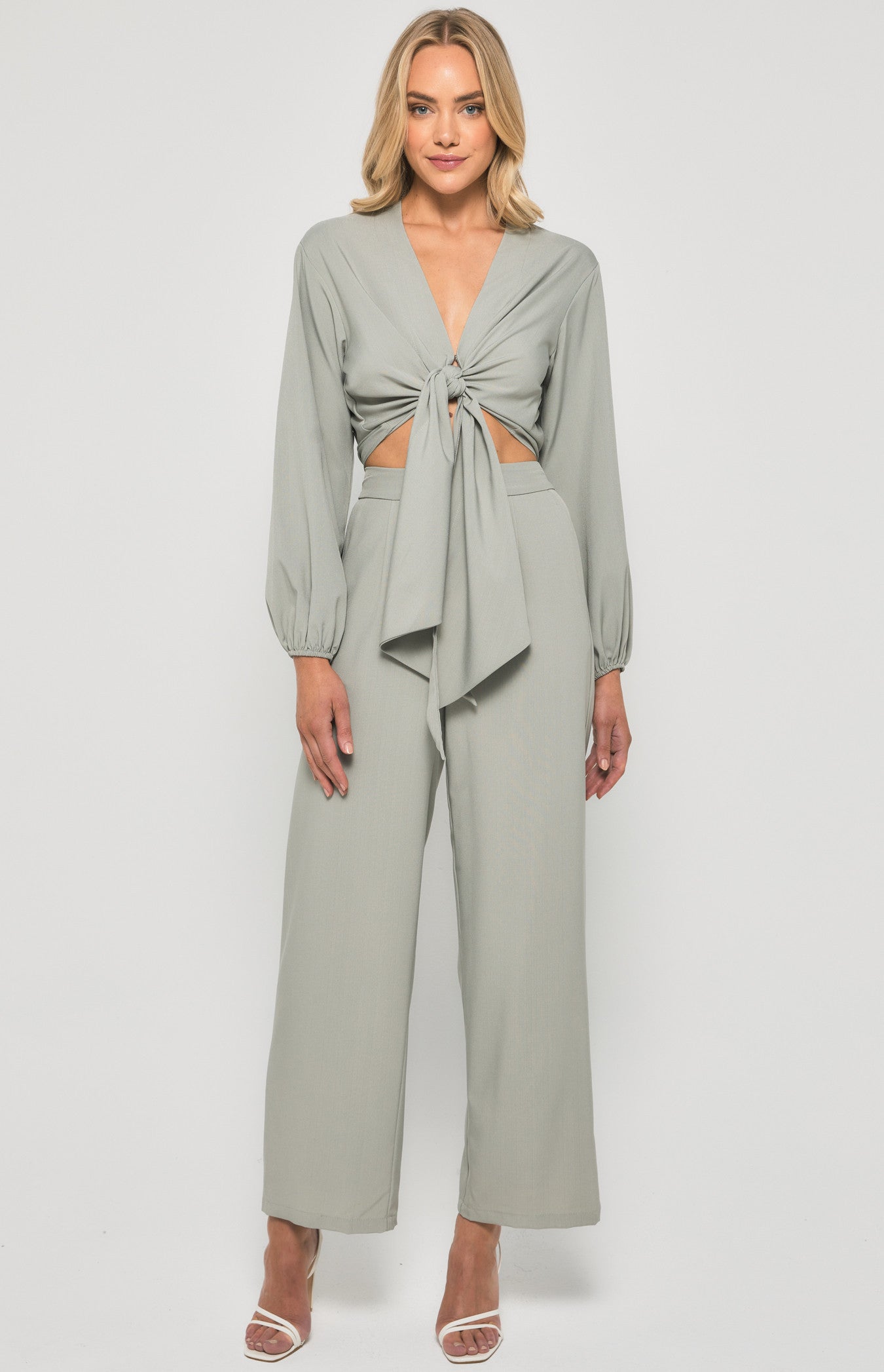 Textured Front Tie Bubble Sleeve Top