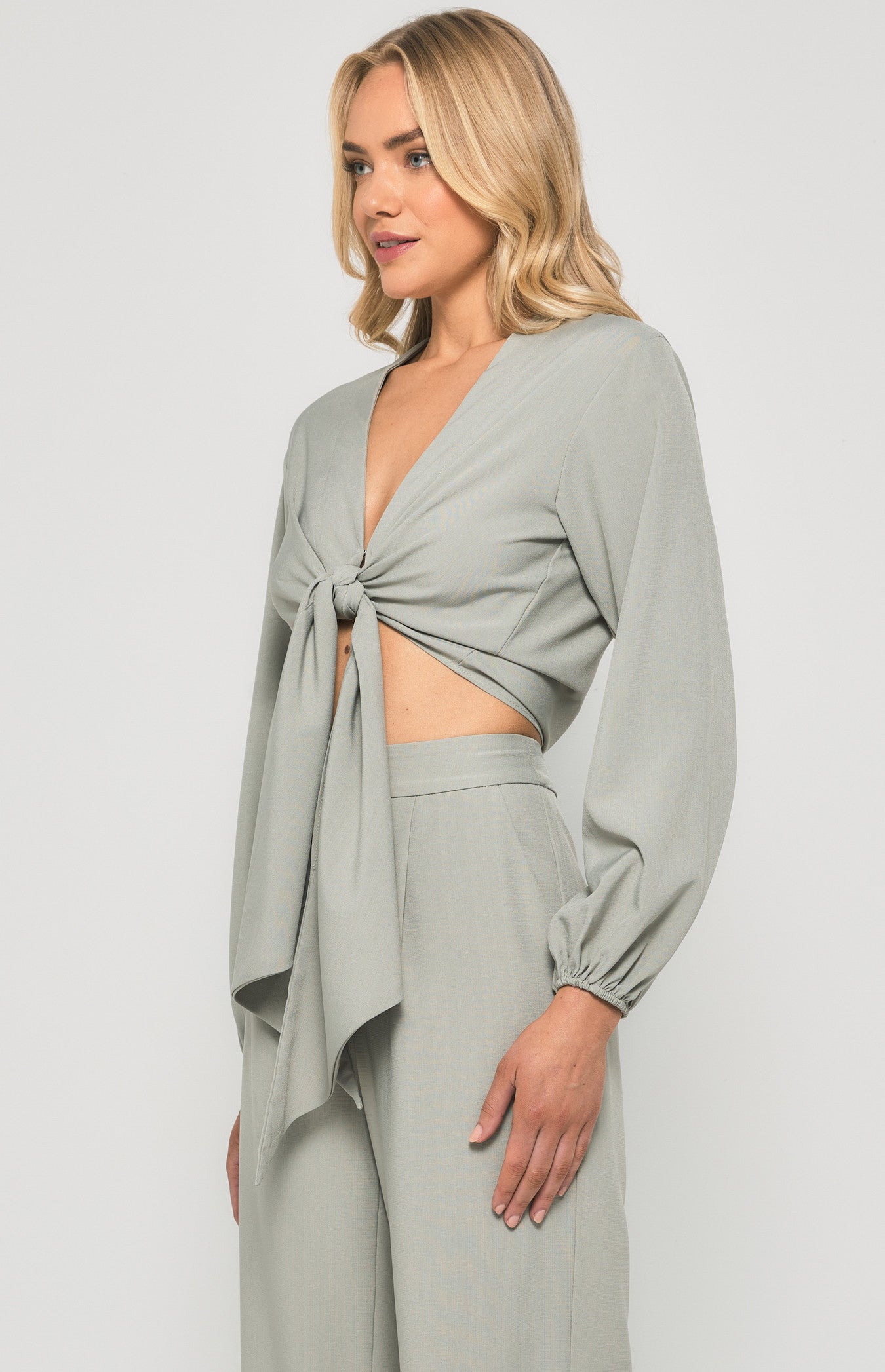 Textured Front Tie Bubble Sleeve Top