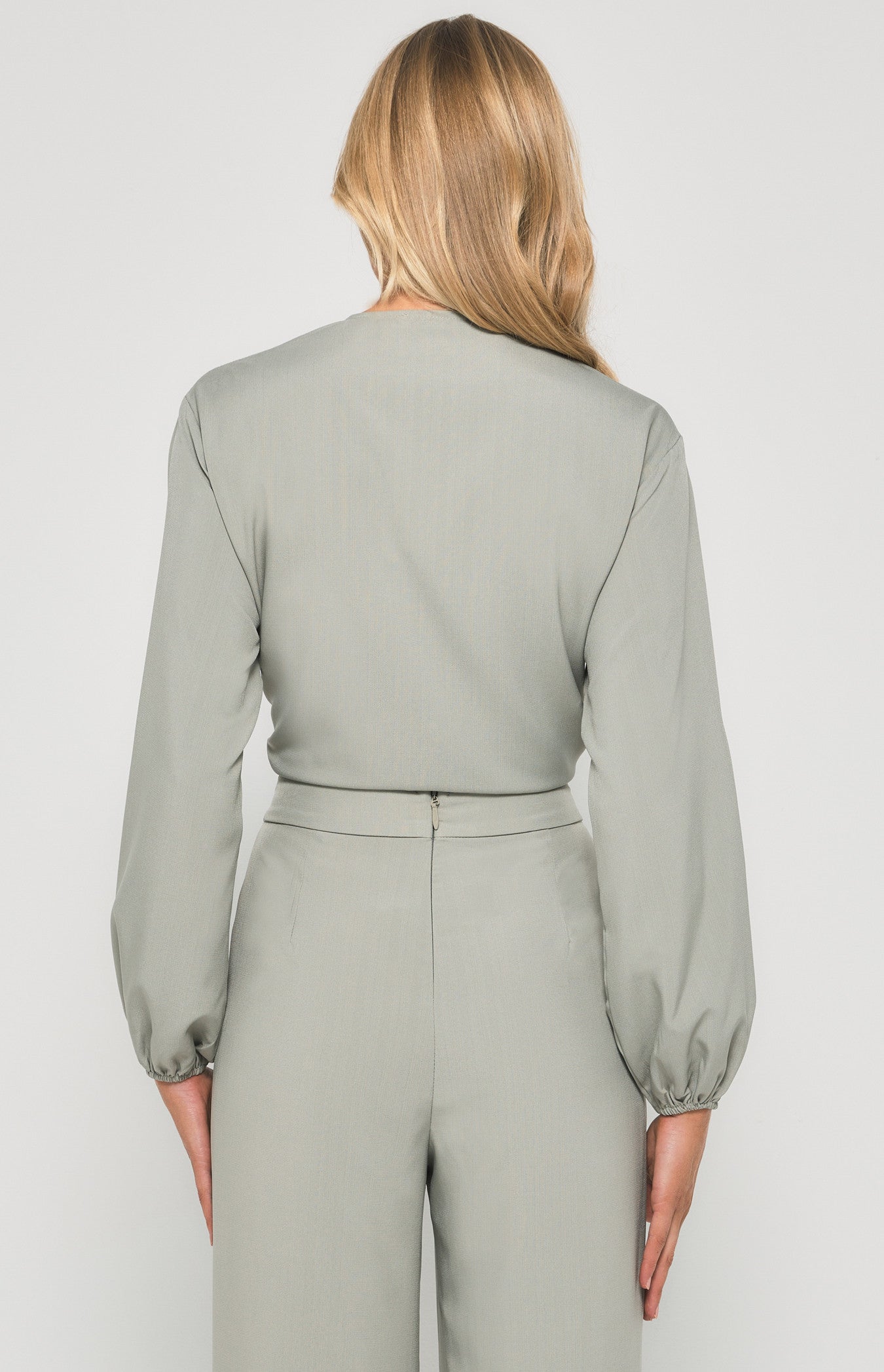 Textured Front Tie Bubble Sleeve Top