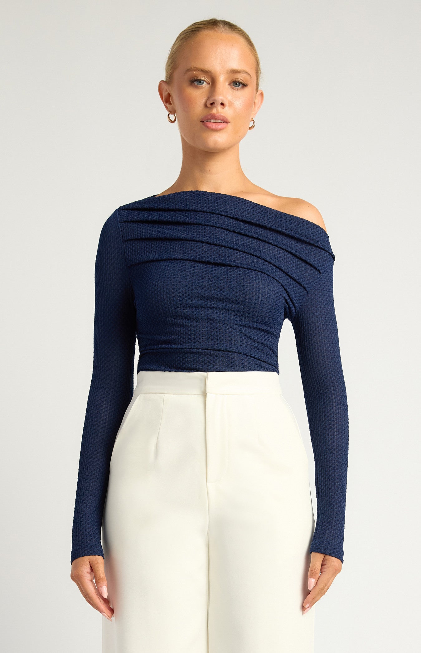 Two Way Wear Pleated Neckline Textured Stretch Jersey Top