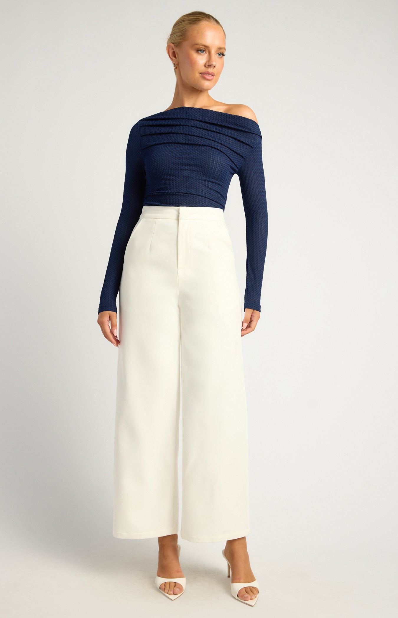 Two Way Wear Pleated Neckline Textured Stretch Jersey Top