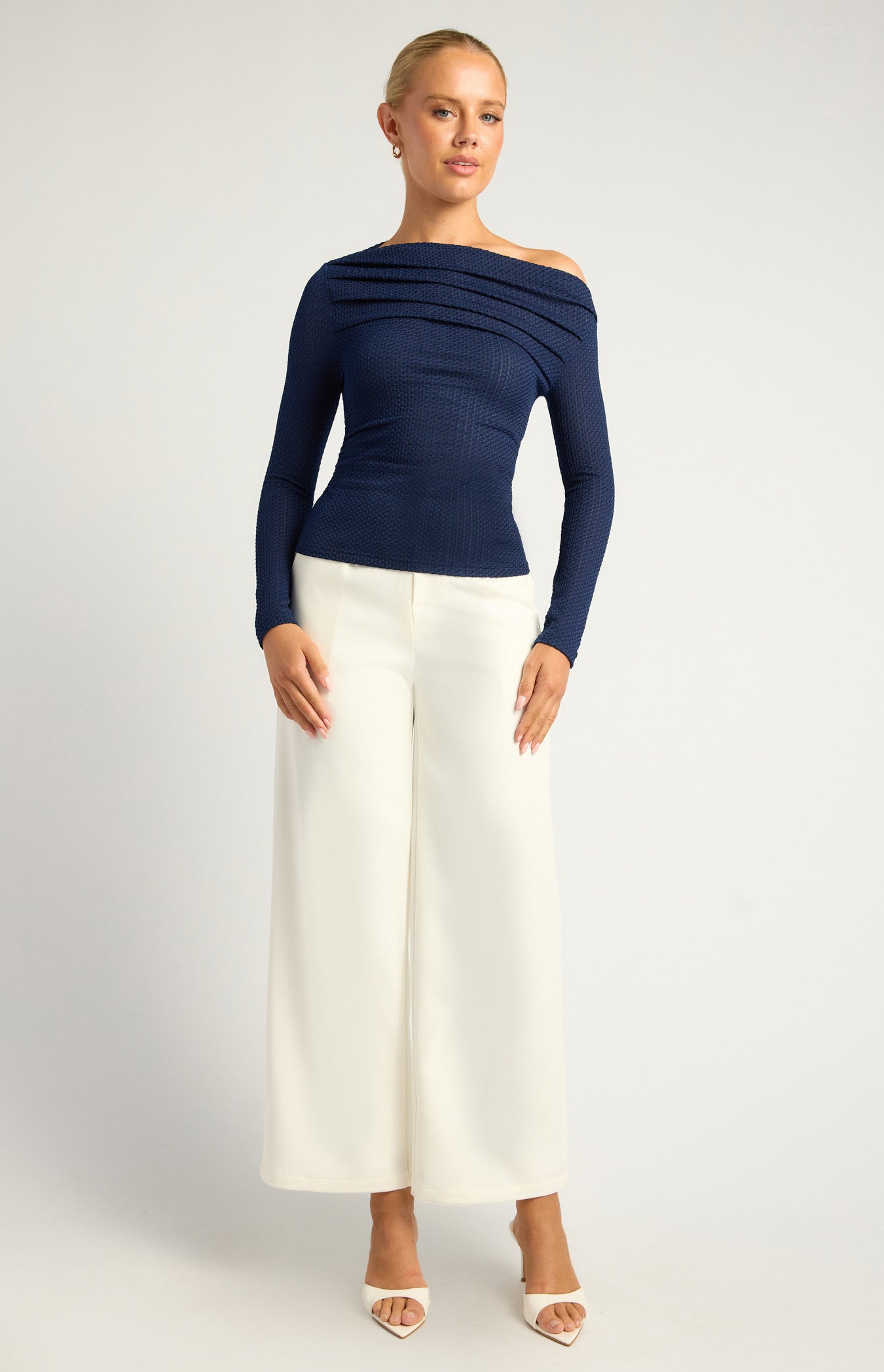 Two Way Wear Pleated Neckline Textured Stretch Jersey Top