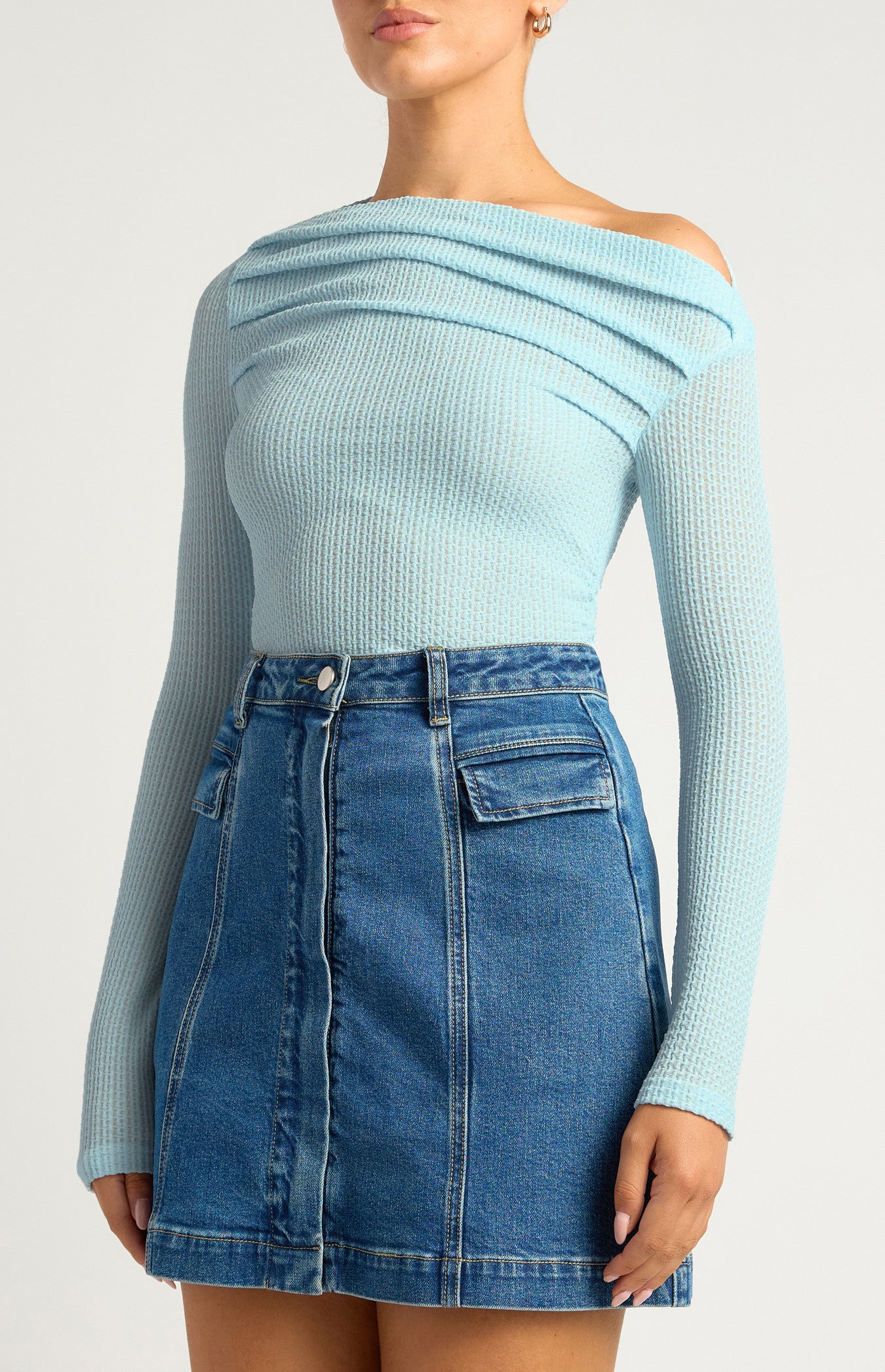 Two Way Wear Pleated Neckline Textured Stretch Jersey Top