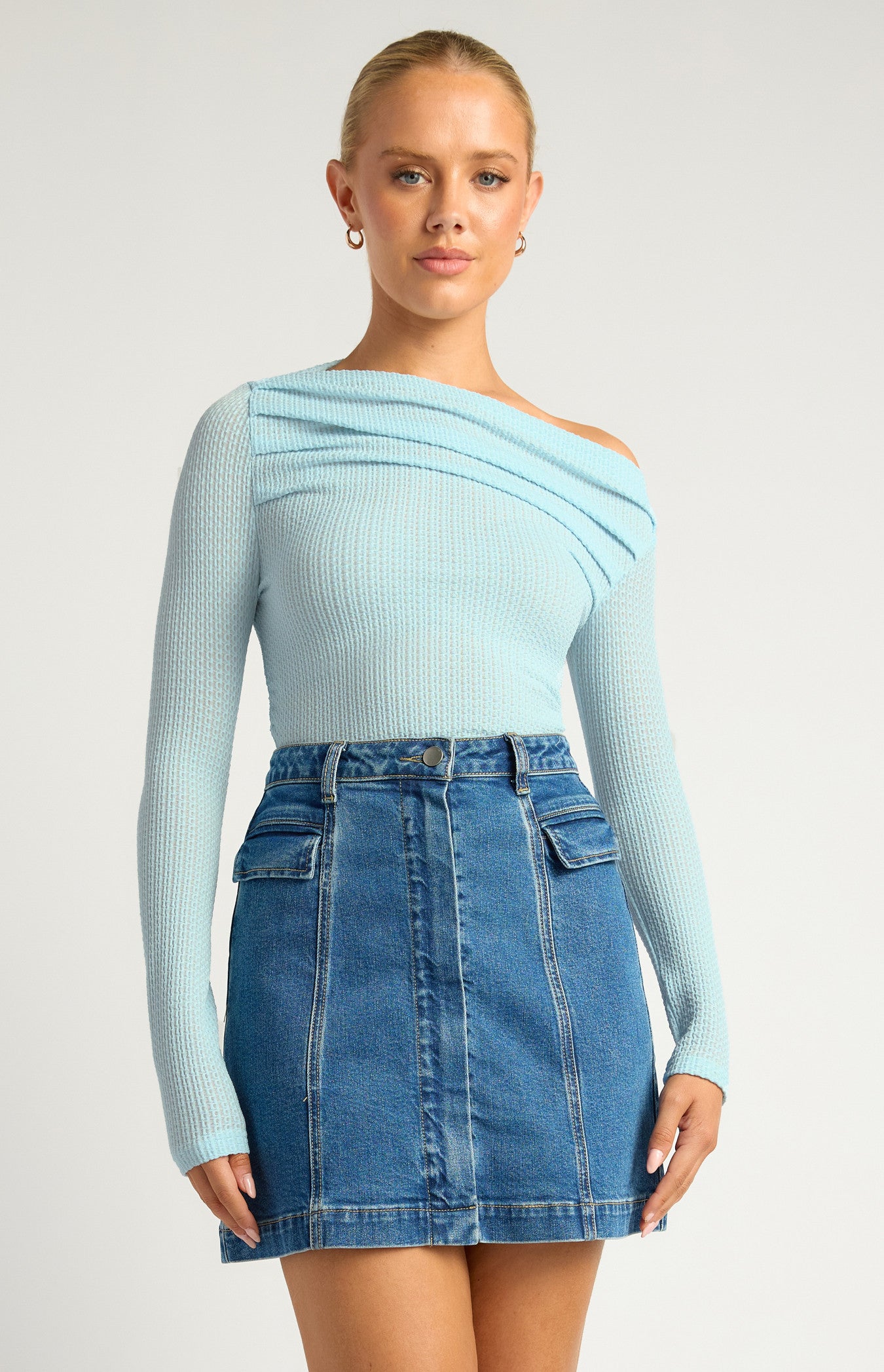 Two Way Wear Pleated Neckline Textured Stretch Jersey Top