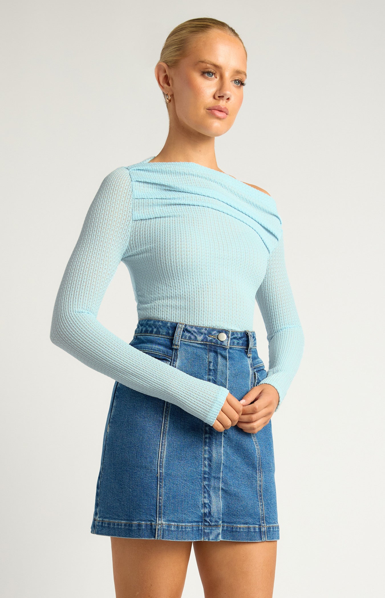 Two Way Wear Pleated Neckline Textured Stretch Jersey Top