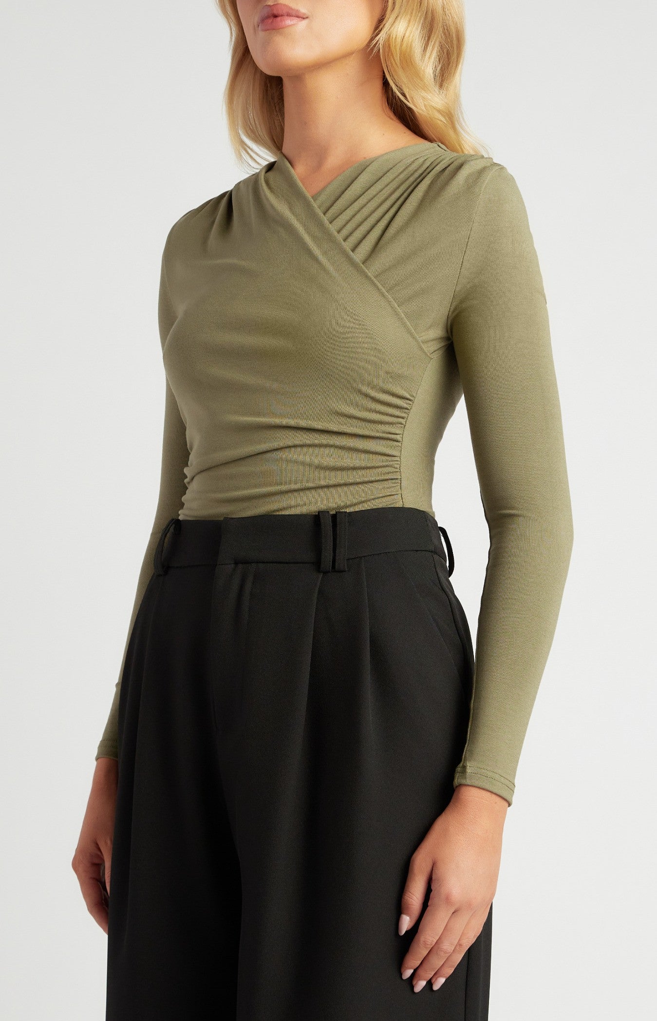 Cross Neck Ruched Detail Jersey Bodysuit