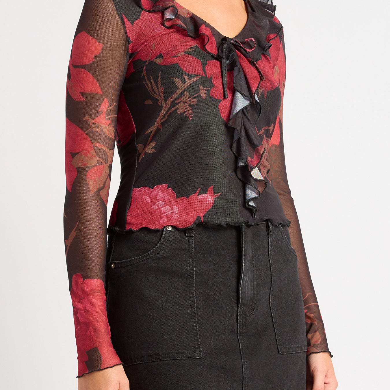 Floral Print Mesh Top with Frill Detail Neckline