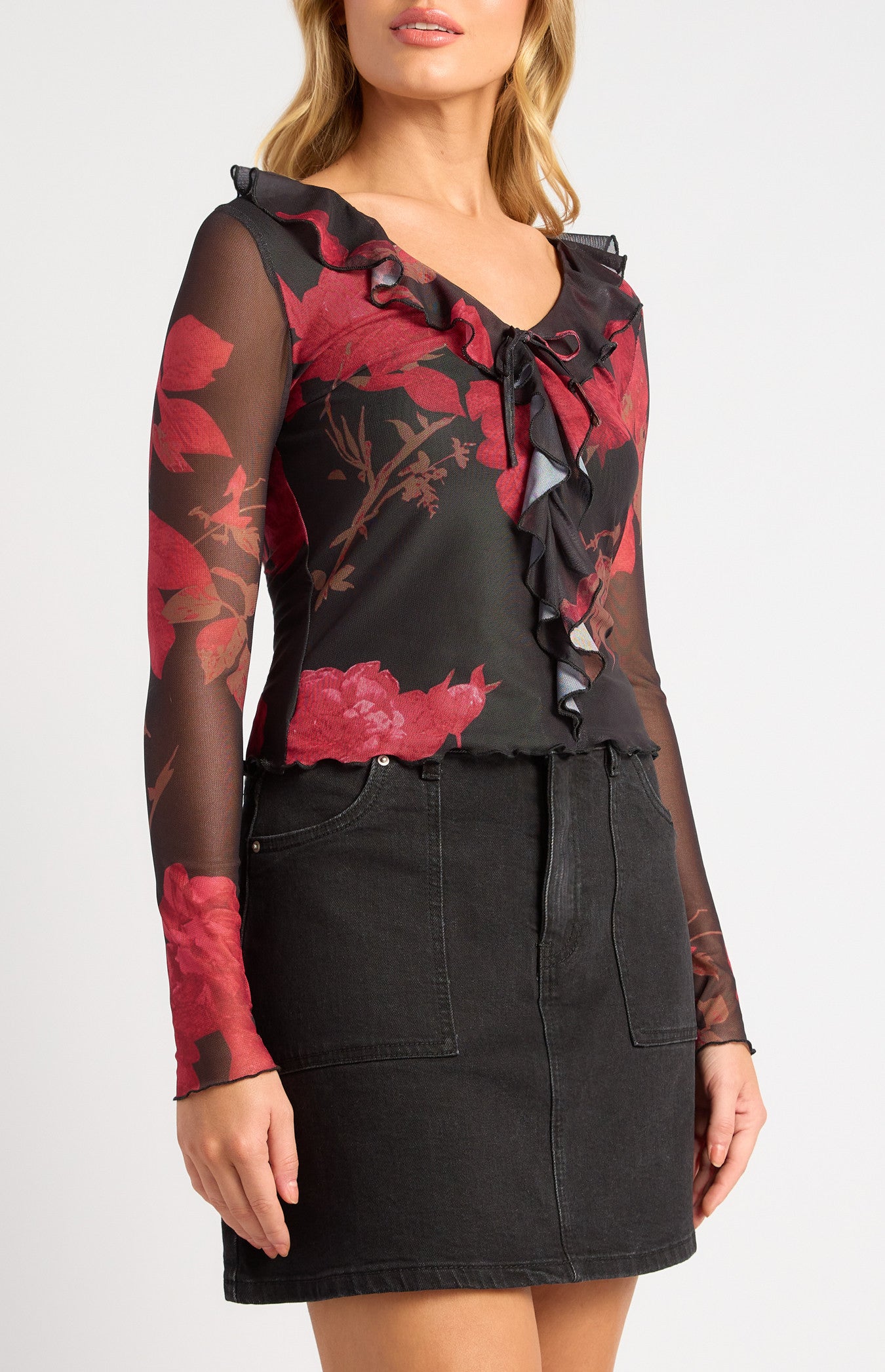 Floral Print Mesh Top with Frill Detail Neckline
