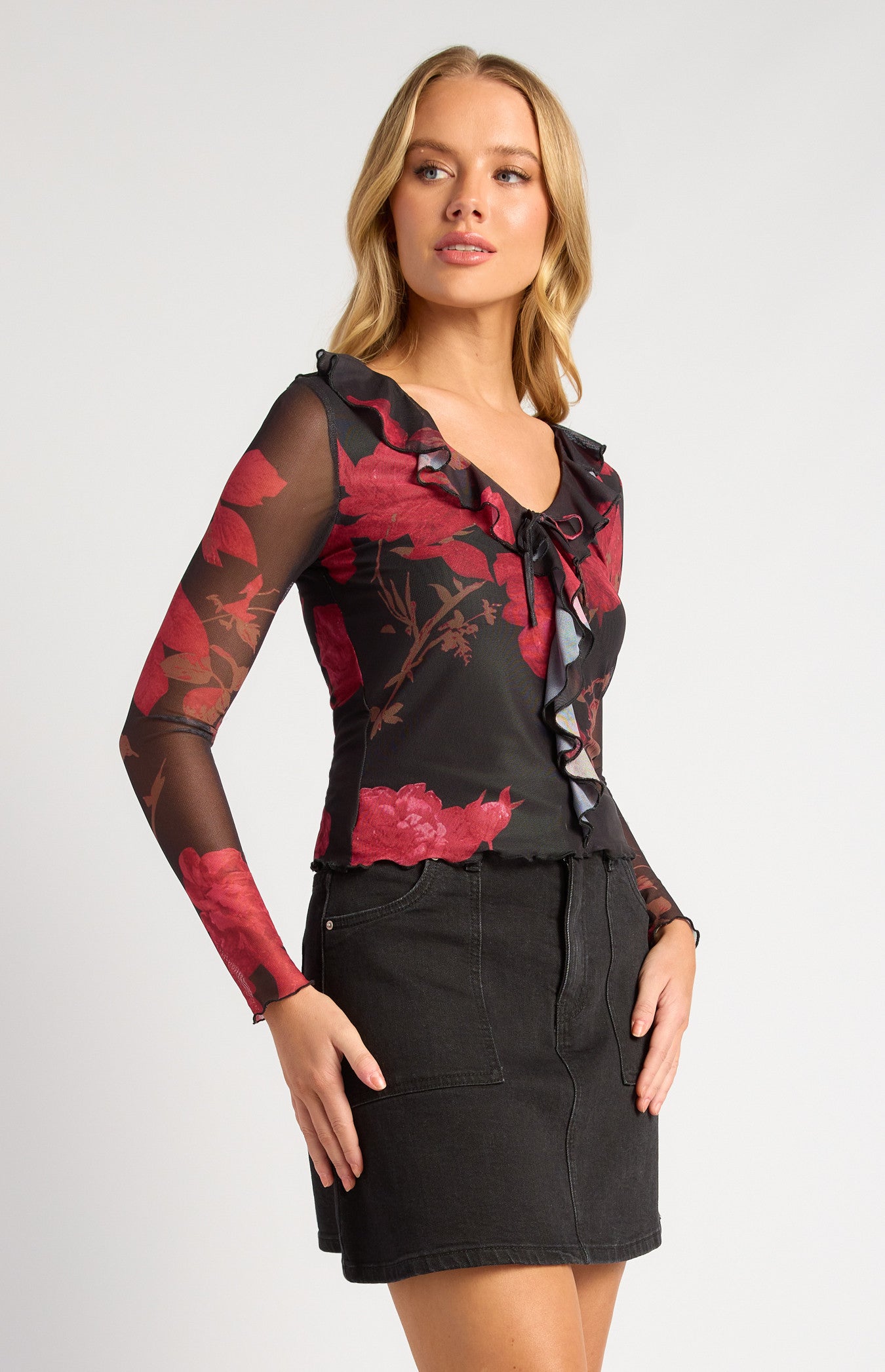 Floral Print Mesh Top with Frill Detail Neckline