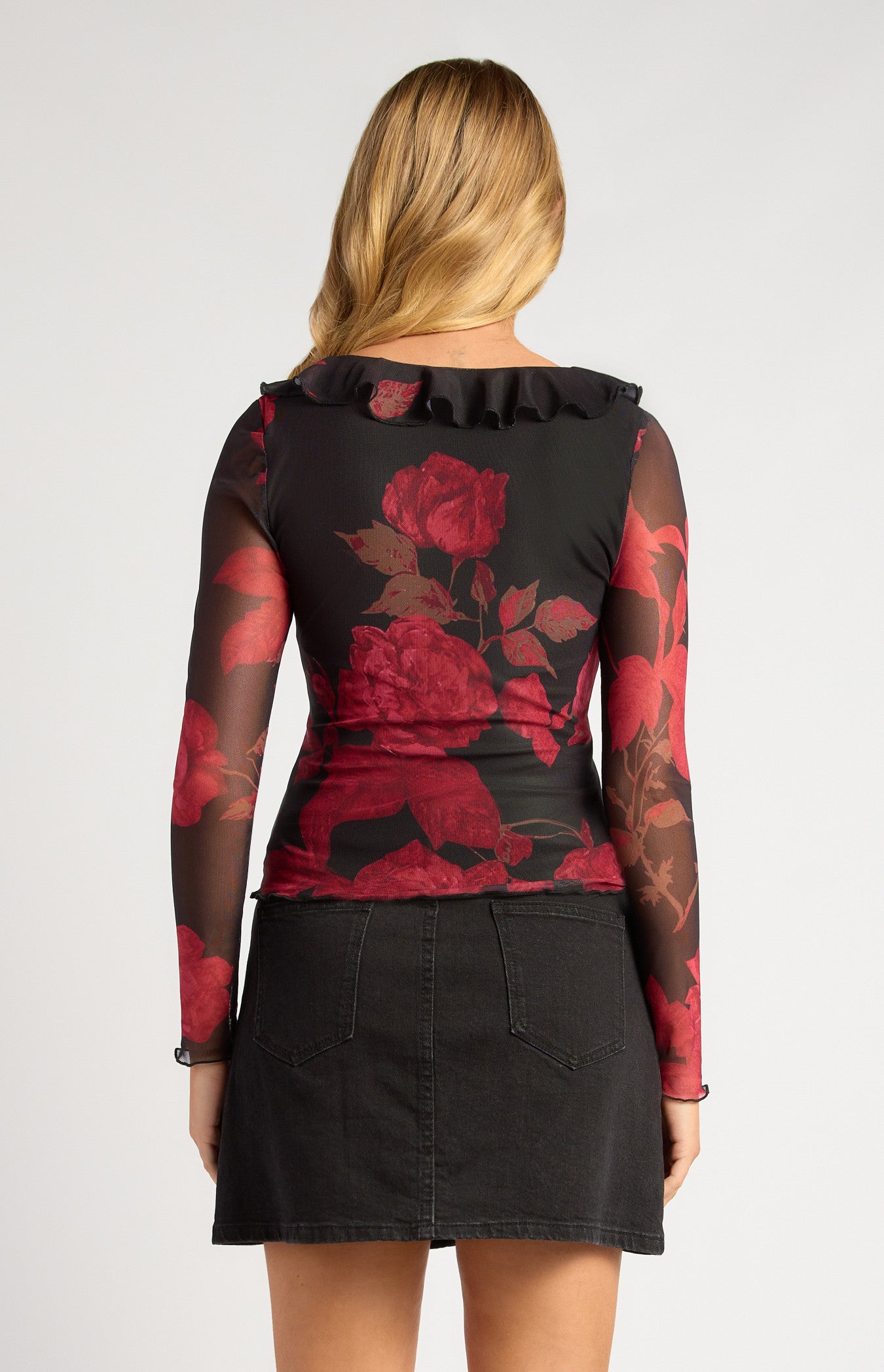 Floral Print Mesh Top with Frill Detail Neckline