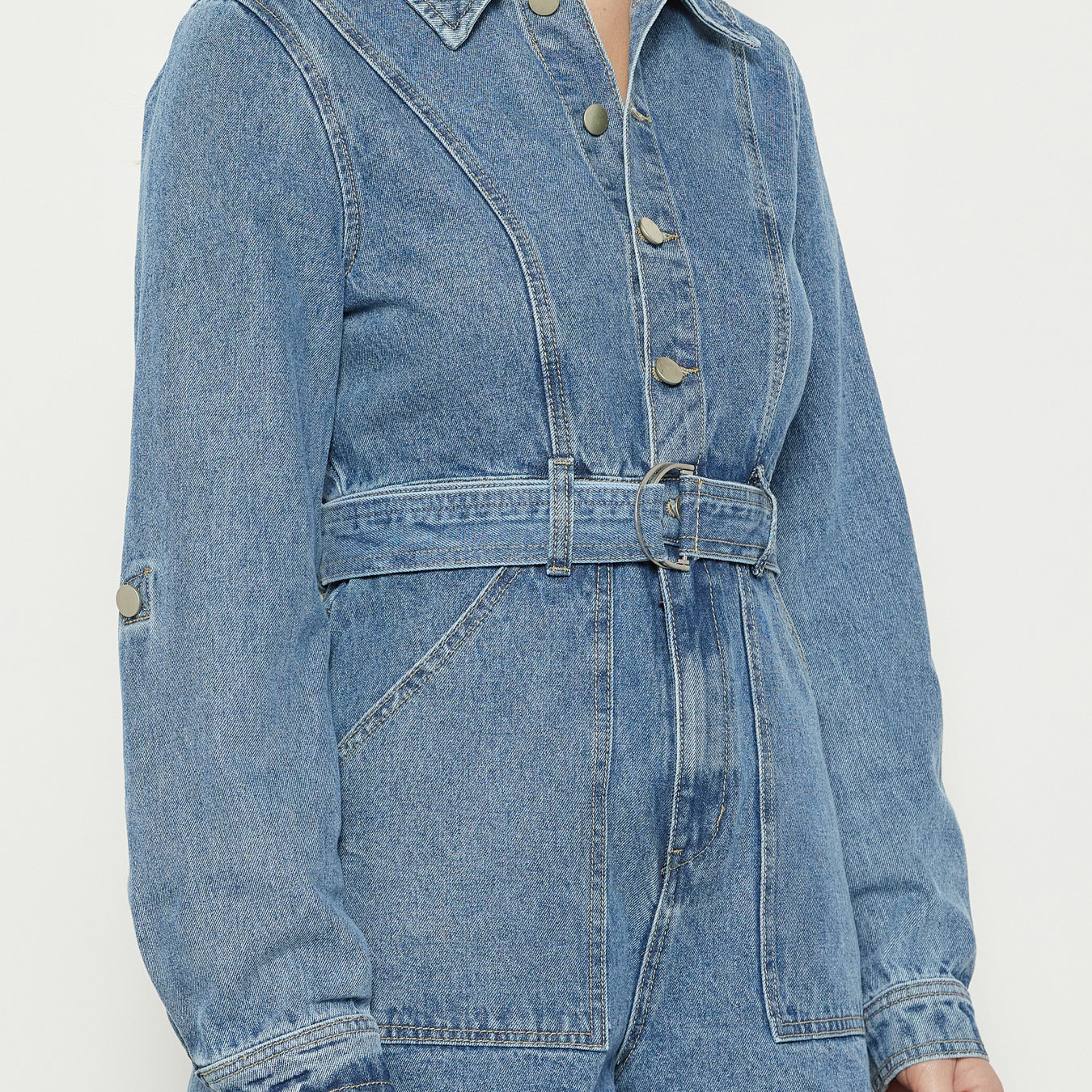 Button-Up Denim Playsuit with D-Ring Belt