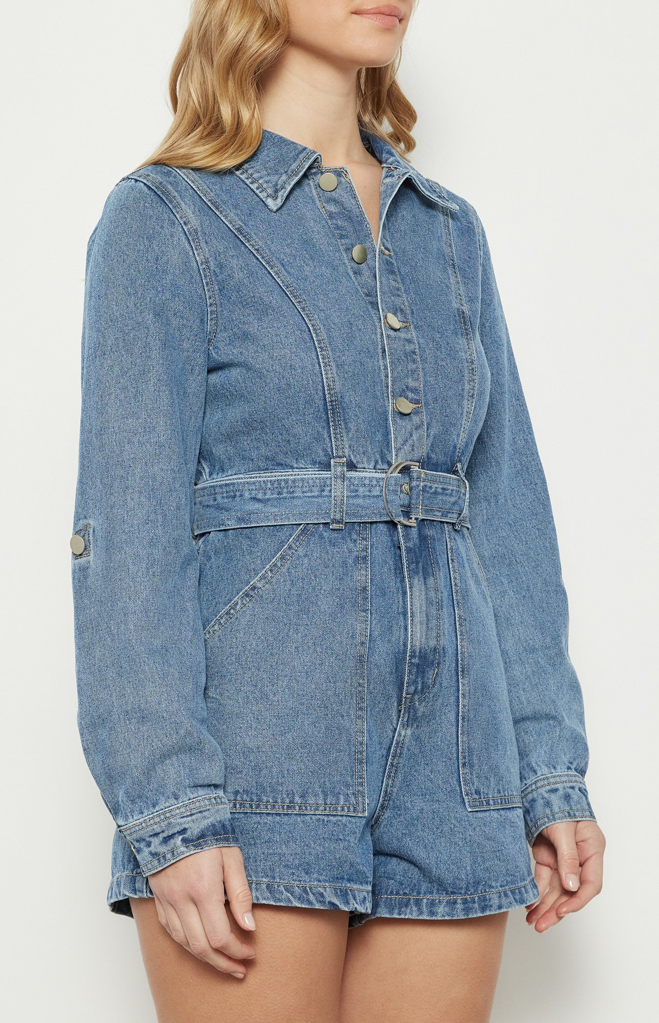 Button-Up Denim Playsuit with D-Ring Belt