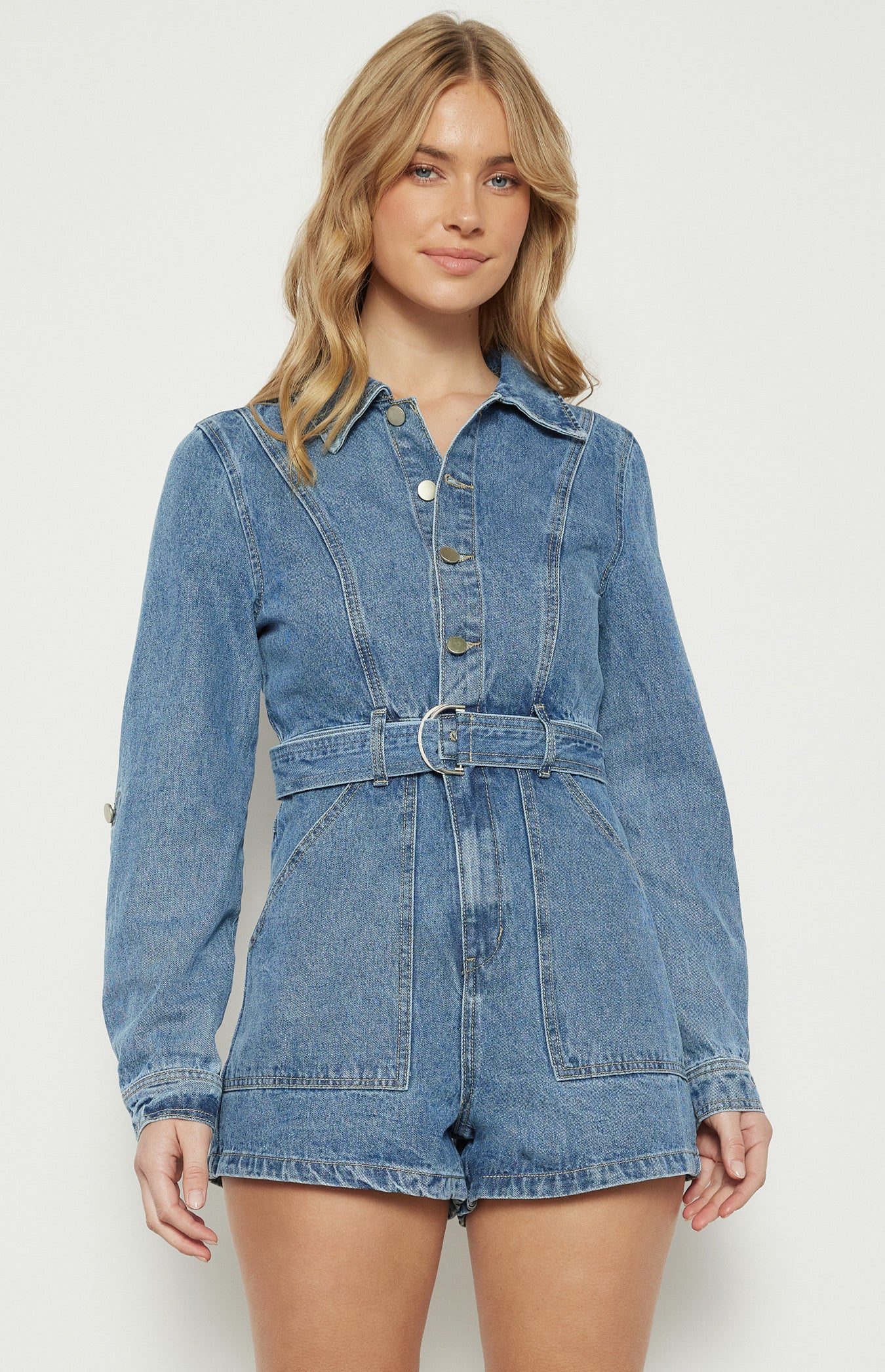 Button-Up Denim Playsuit with D-Ring Belt