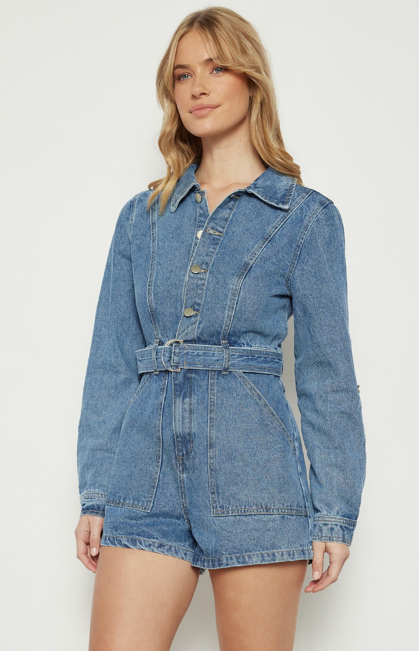Button-Up Denim Playsuit with D-Ring Belt