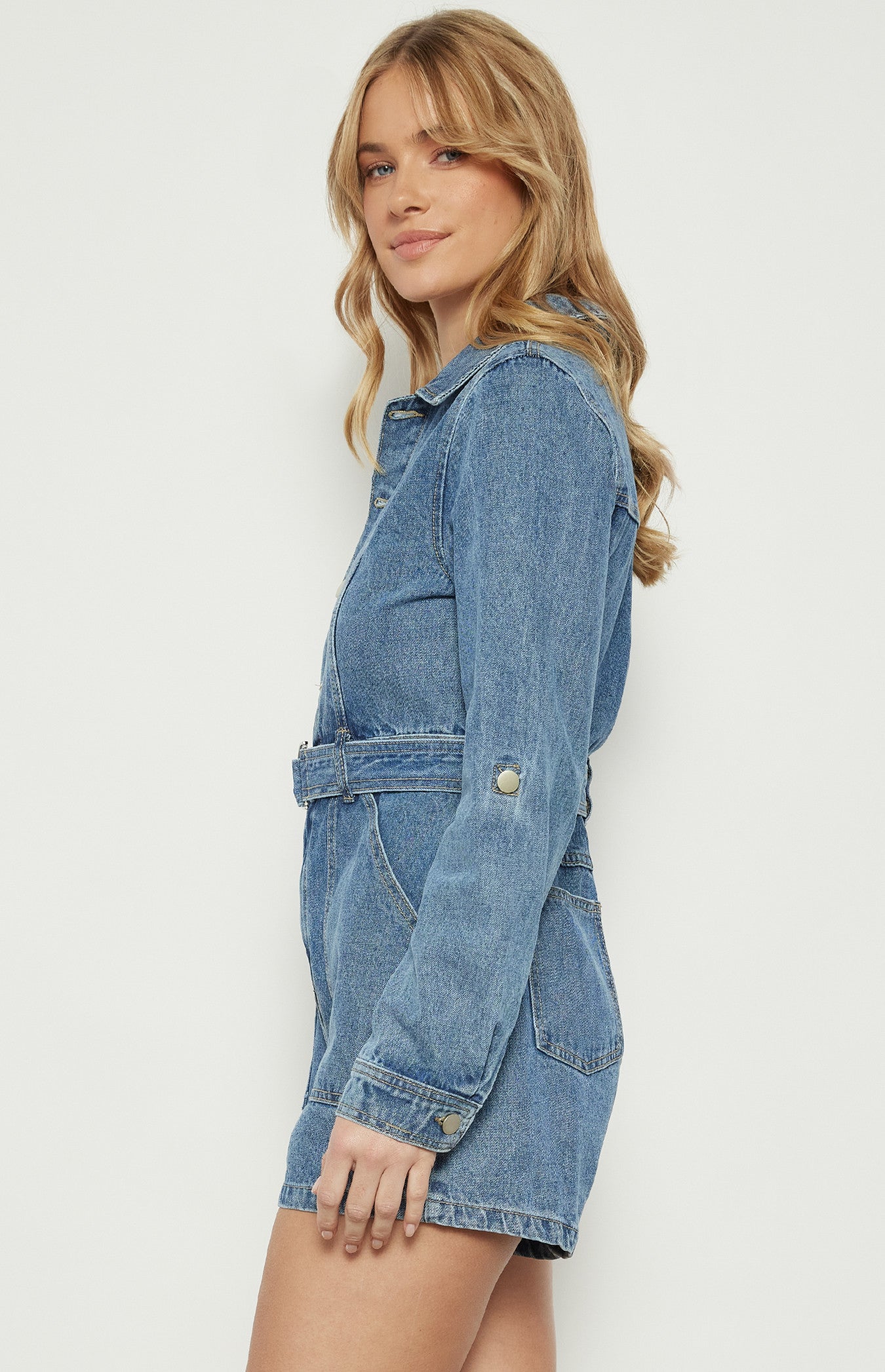Button-Up Denim Playsuit with D-Ring Belt