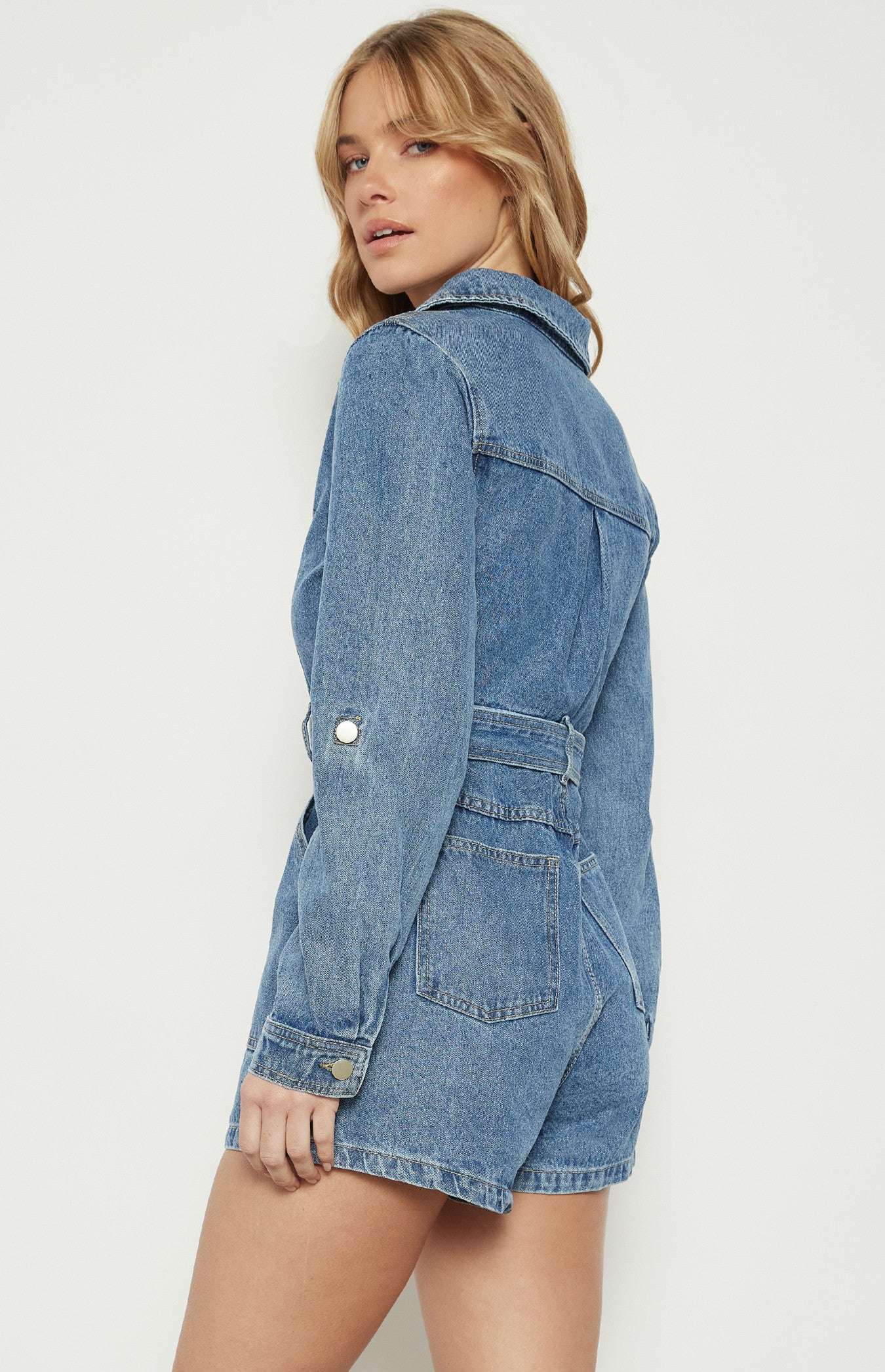 Button-Up Denim Playsuit with D-Ring Belt