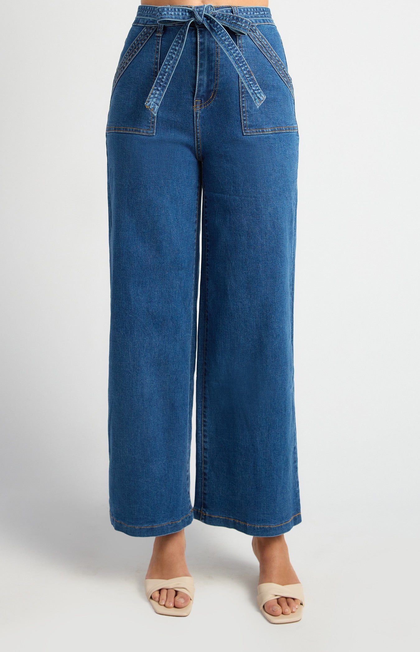 High Waisted Patch Pocket Denim Jeans with Tie Belt