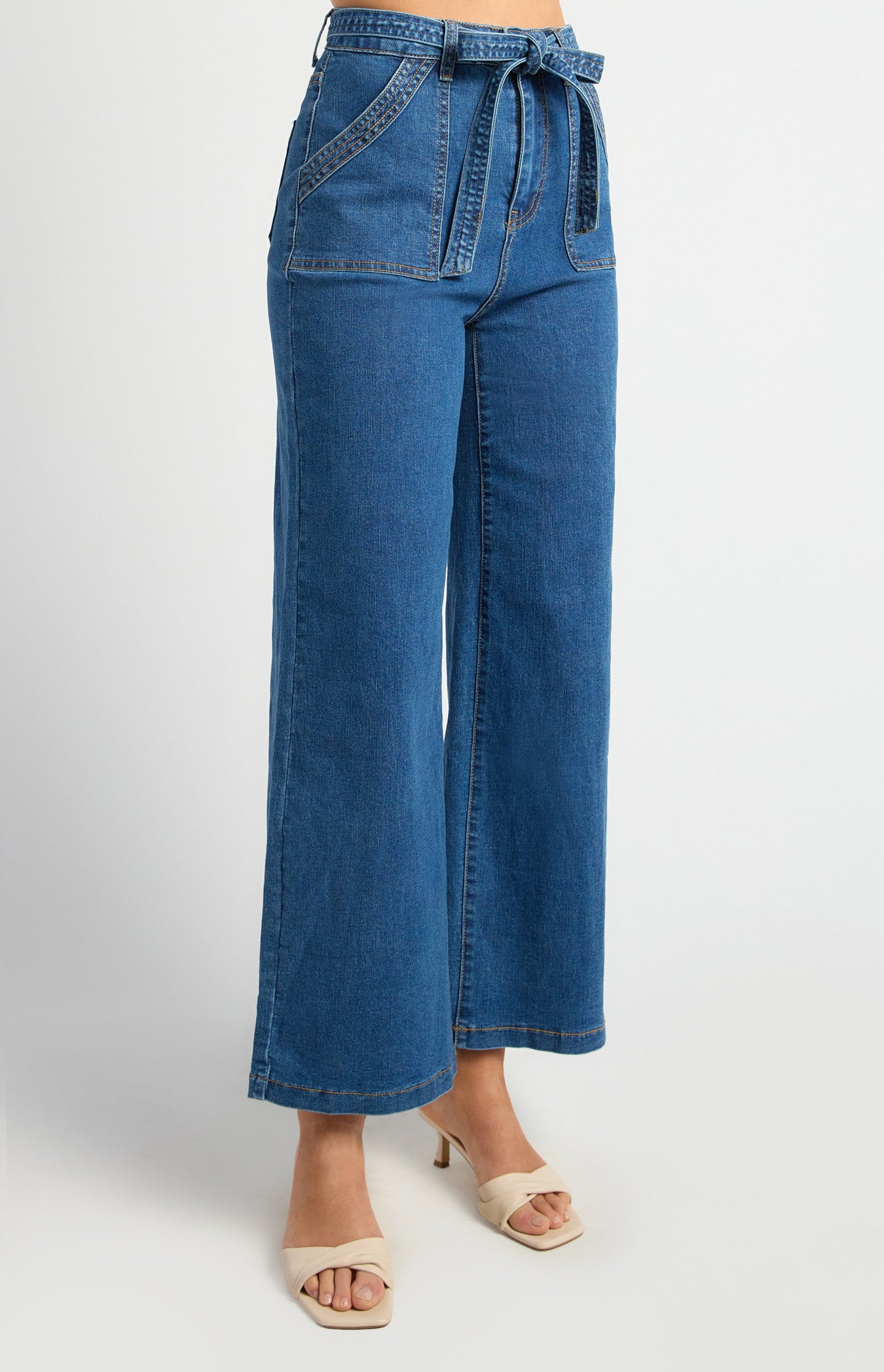 High Waisted Patch Pocket Denim Jeans with Tie Belt
