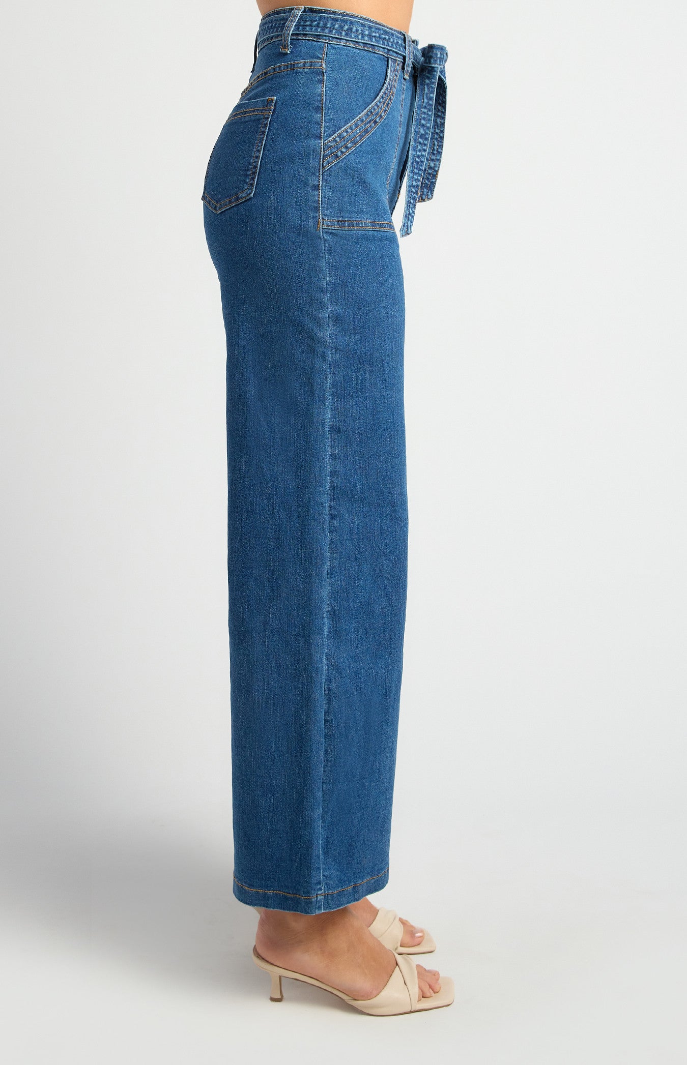 High Waisted Patch Pocket Denim Jeans with Tie Belt