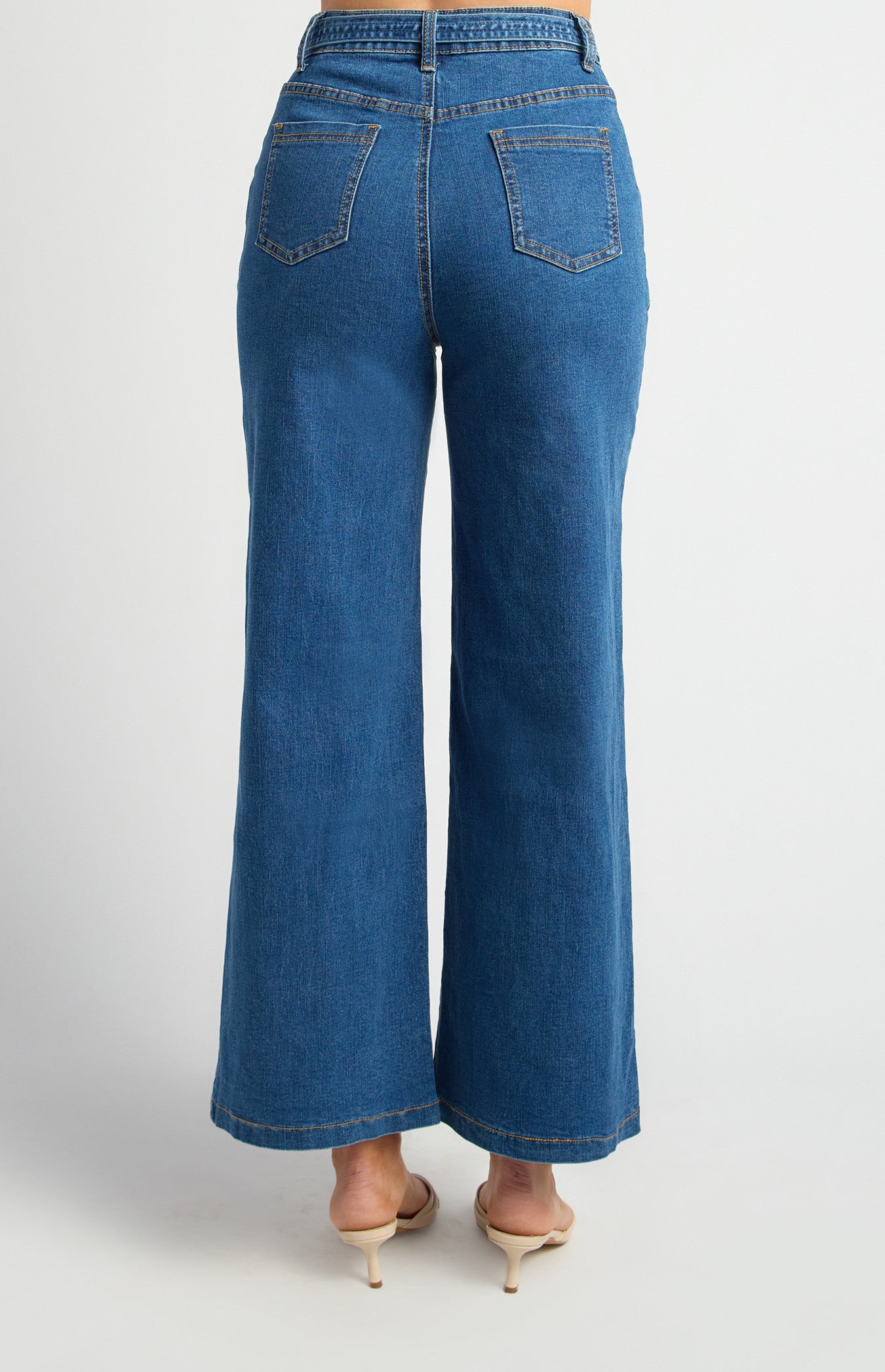 High Waisted Patch Pocket Denim Jeans with Tie Belt