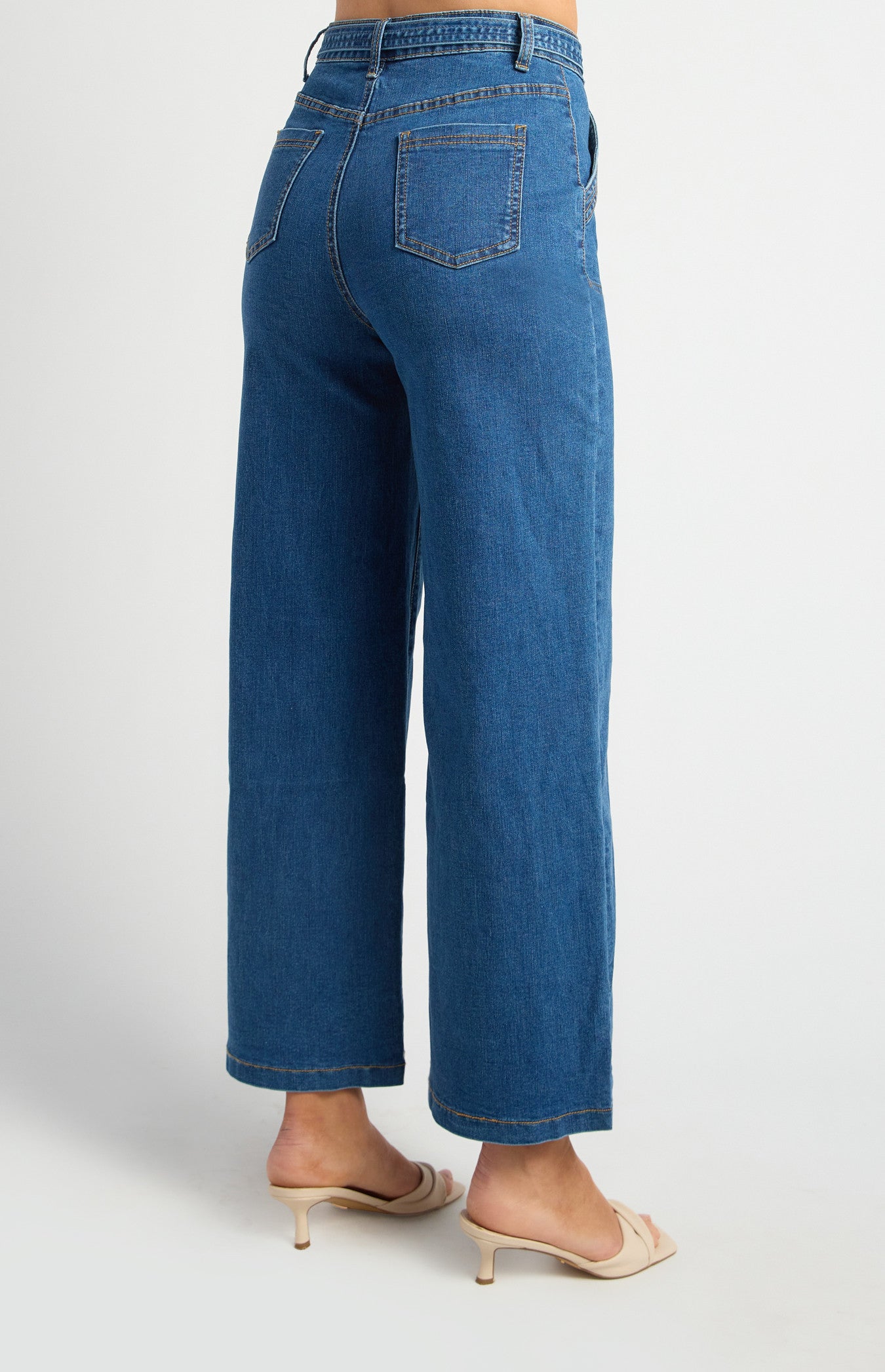 High Waisted Patch Pocket Denim Jeans with Tie Belt