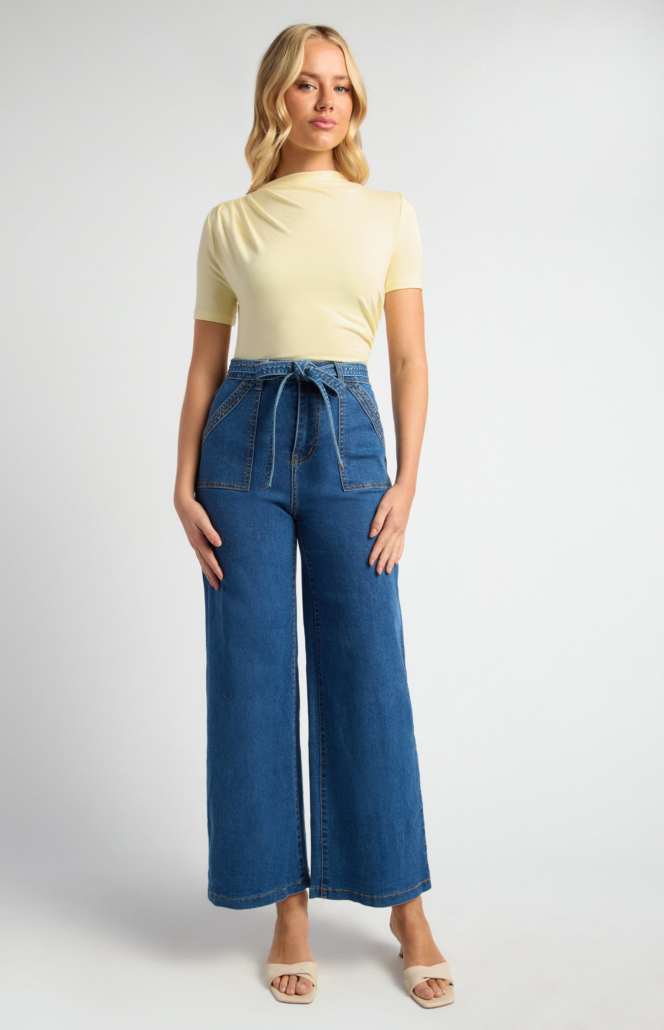 High Waisted Patch Pocket Denim Jeans with Tie Belt
