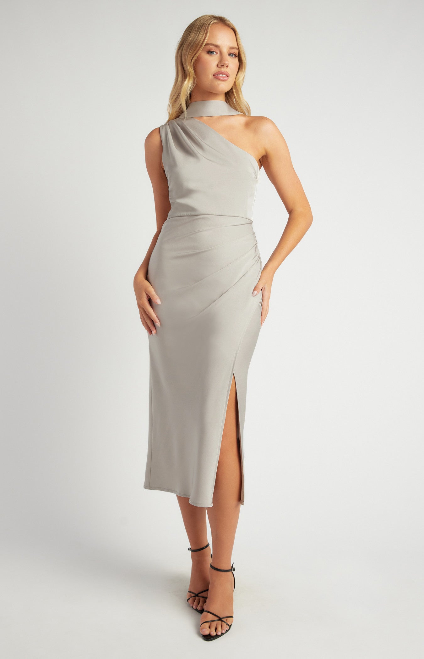 Pleated Detail Satin Dress with Detachable Scarf