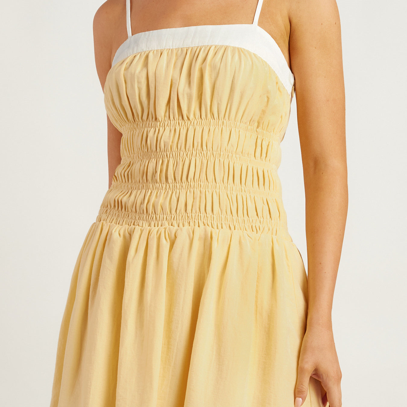 Linen Blend Contrast Neckline Shirred Detail Mini Dress