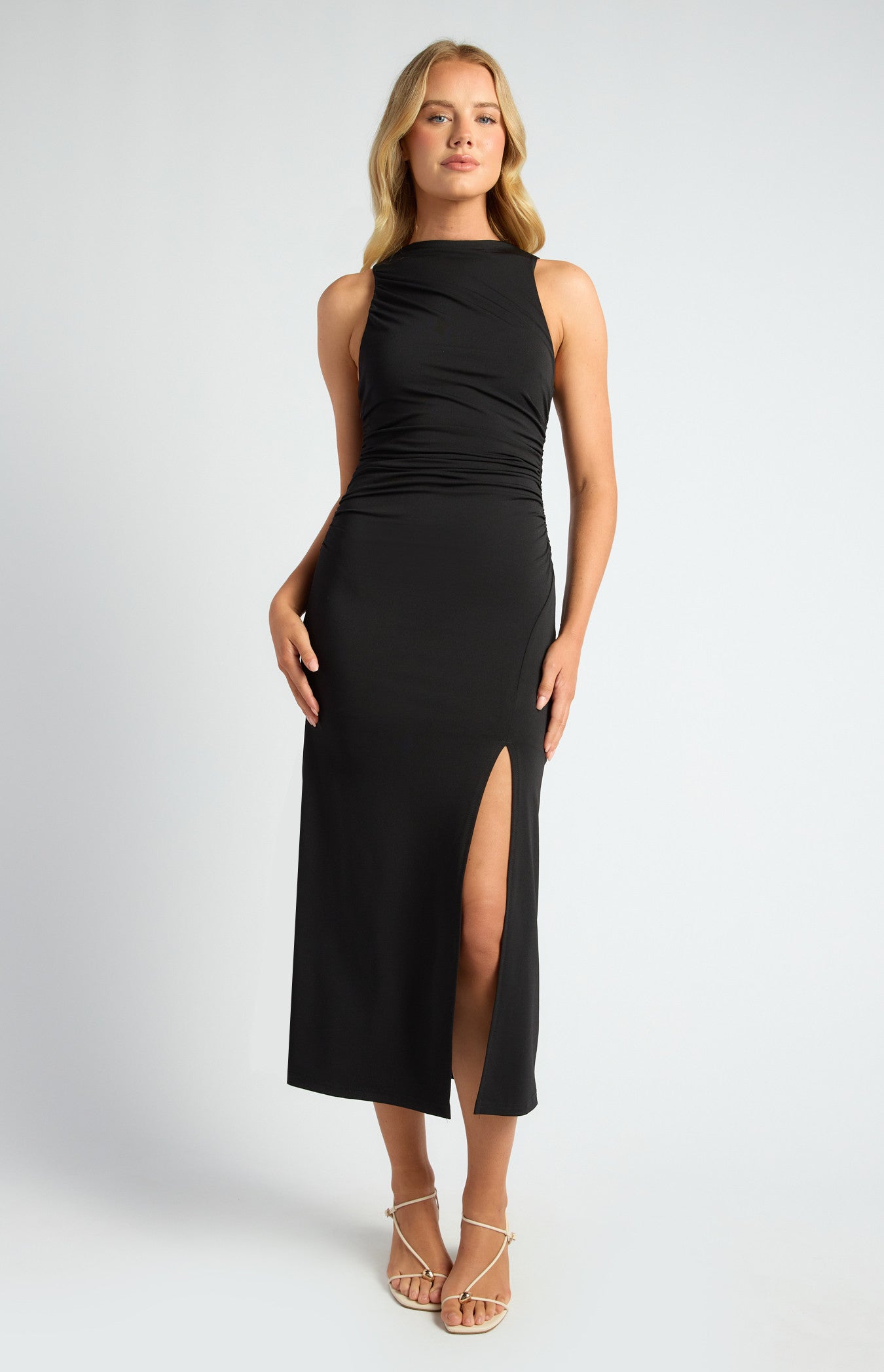 Ruched Detail Racer Jersey Dress with Side Split