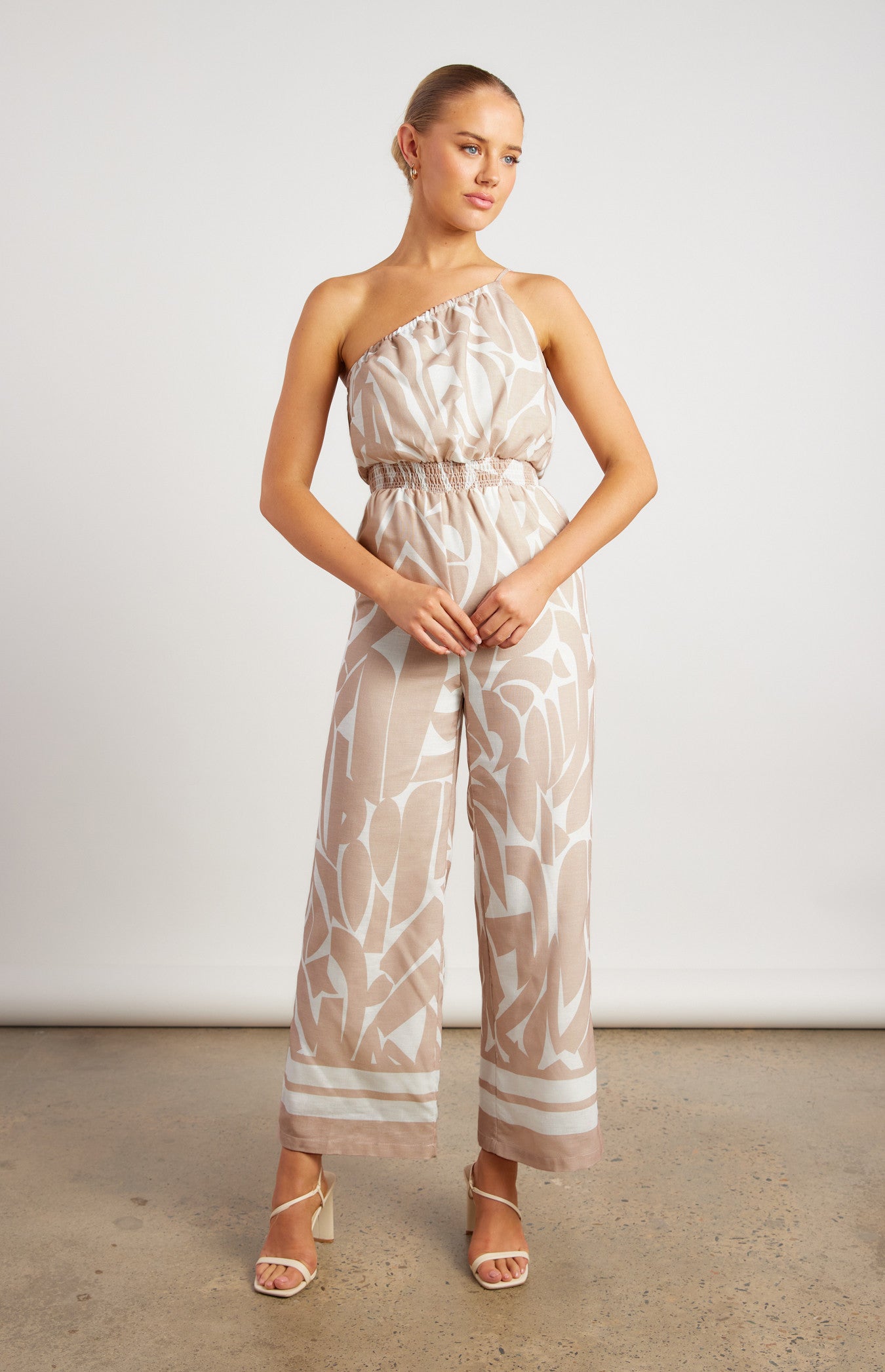Faux Linen Placement Print Jumpsuit with Shirred Waist